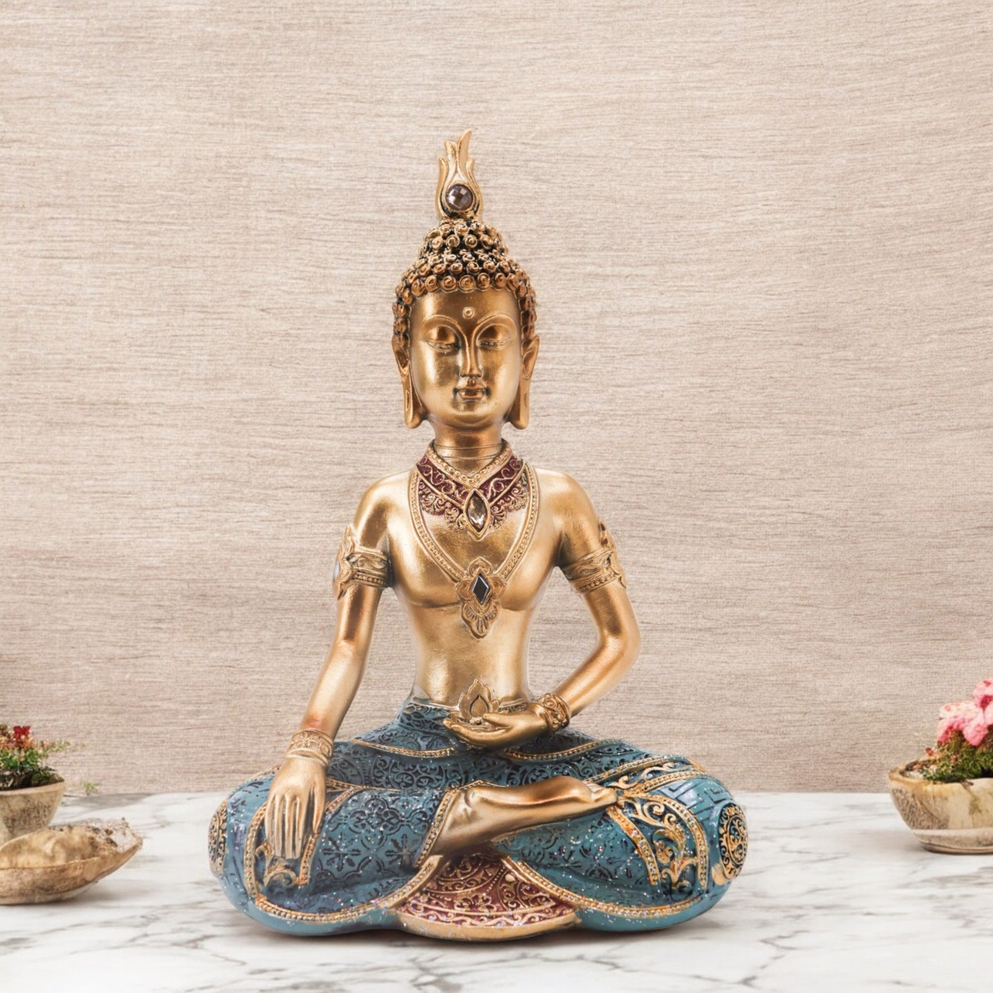 Divine Dekor’s Meditation Buddha Statue 34cm | Golden & Turquoise Zen Art | Large Spiritual Decor