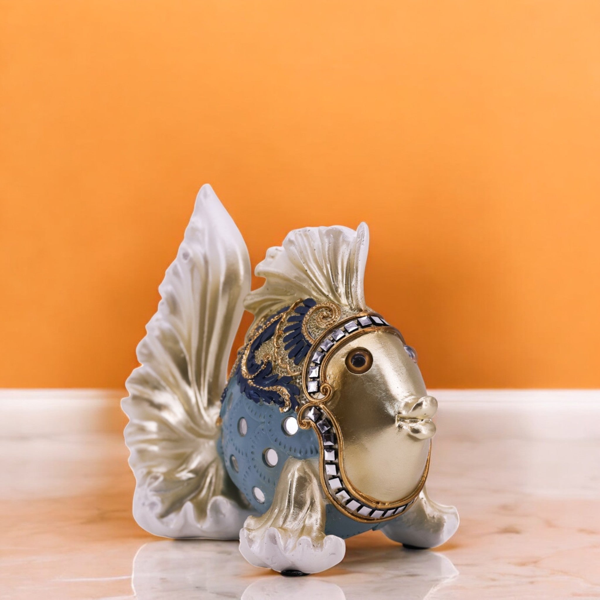 Large Baroque Fish Statue 27cm | White & Turquoise Resin Art | Elegant Home Decor | Divine Dekor