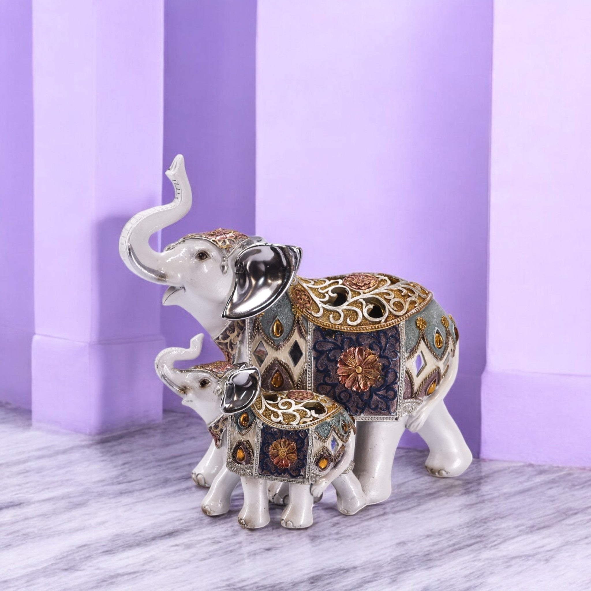 Ornate Mother & Baby Elephant Statue | White & Gold Mandala Pattern Figurine | 23cm Traditional Home Decor - Divine Dekor