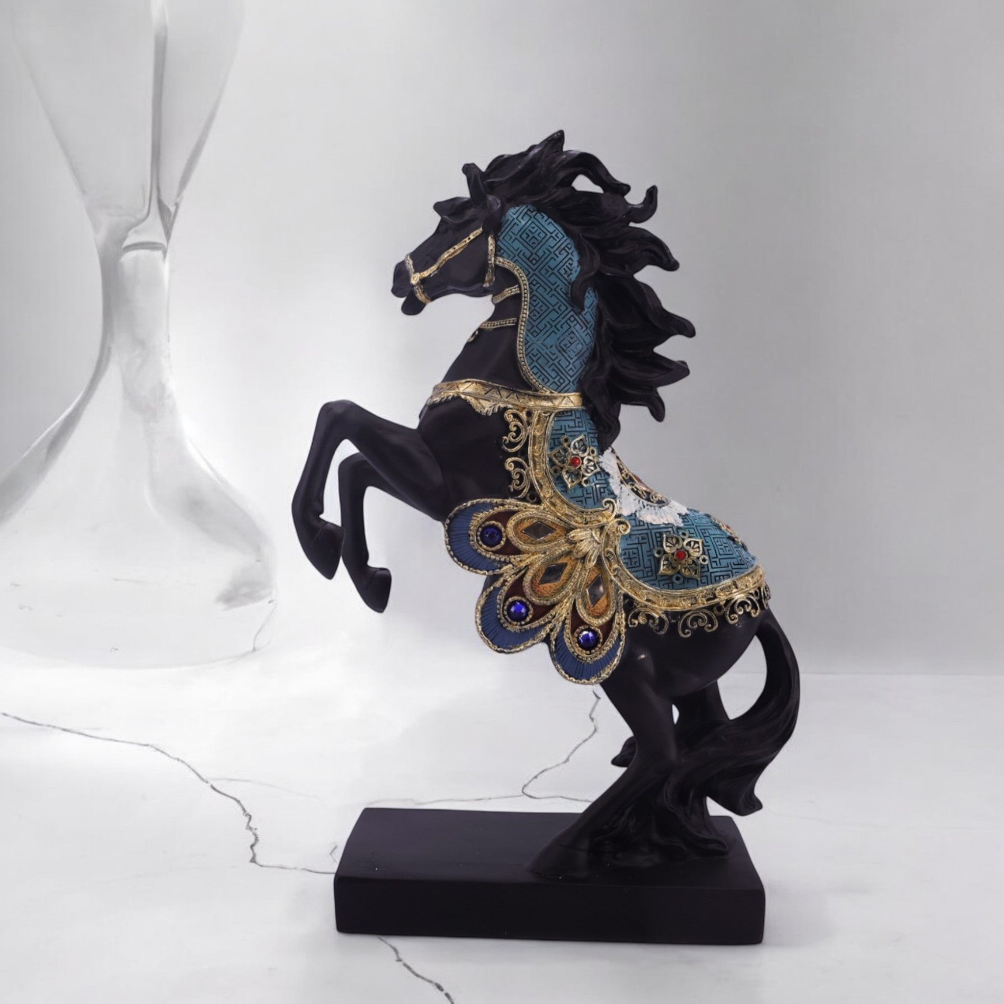 Regal Black Horse Sculpture with Turquoise Accents | Rearing Stallion Art Statue | 33.5cm Luxury Home Decor - Divine Dekor