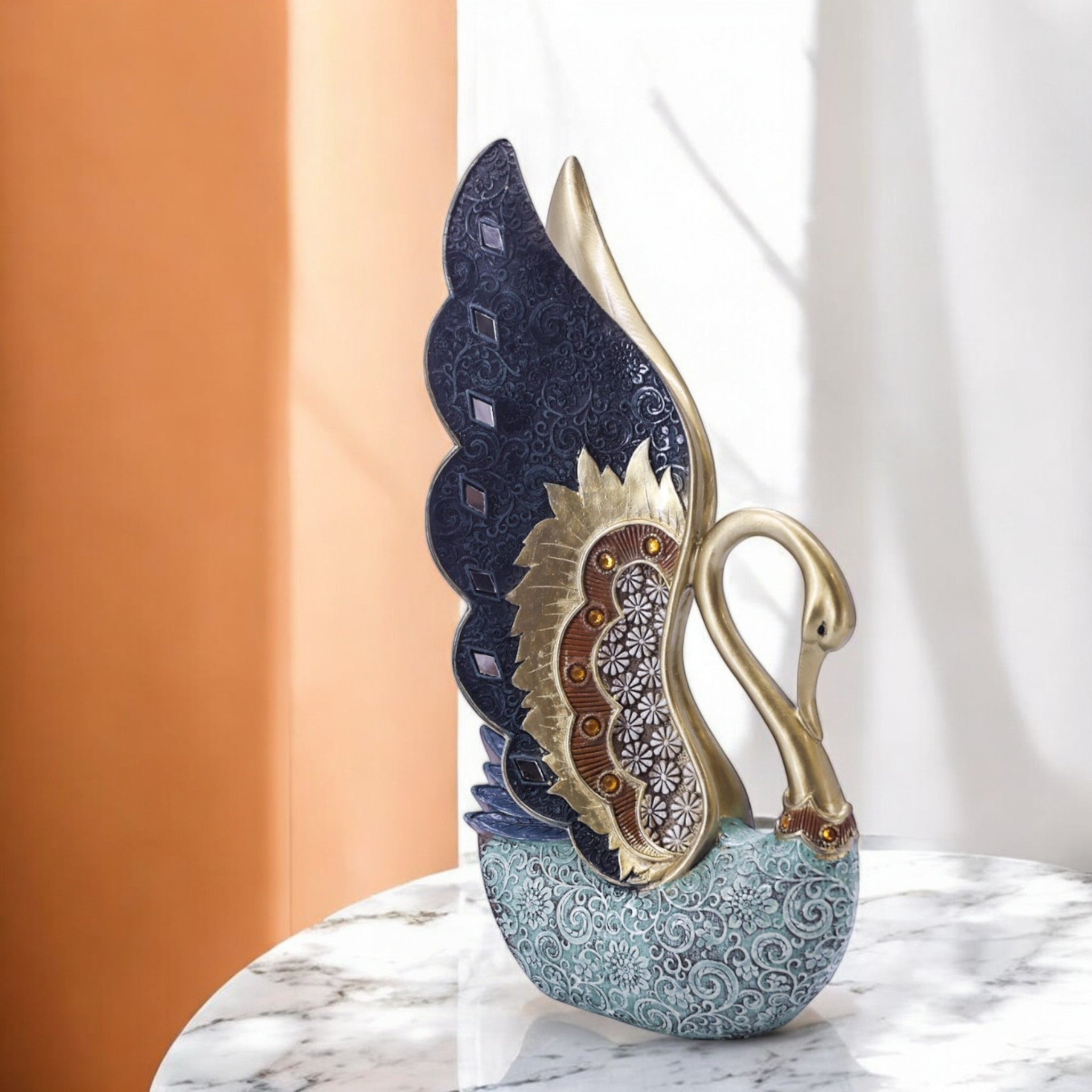 Elegant Swan Wing Sculpture | Navy & Gold Art with Crystal Base | 36cm Luxury Home Decor - Divine Dekor