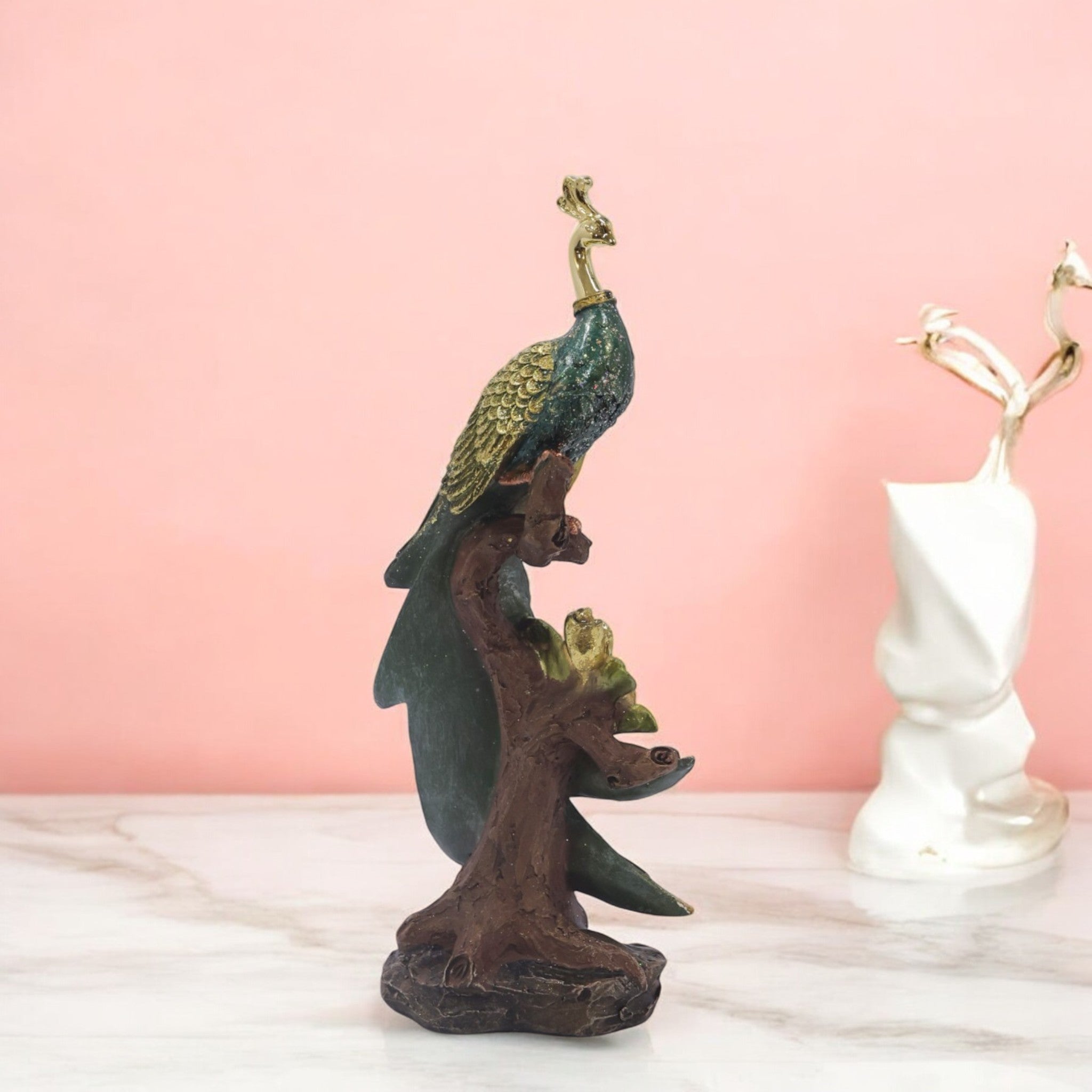 Regal Peacock Sculpture | Hand-Painted Luxury Home Decor | 28cm Decorative Bird Figurine - Divine Dekor