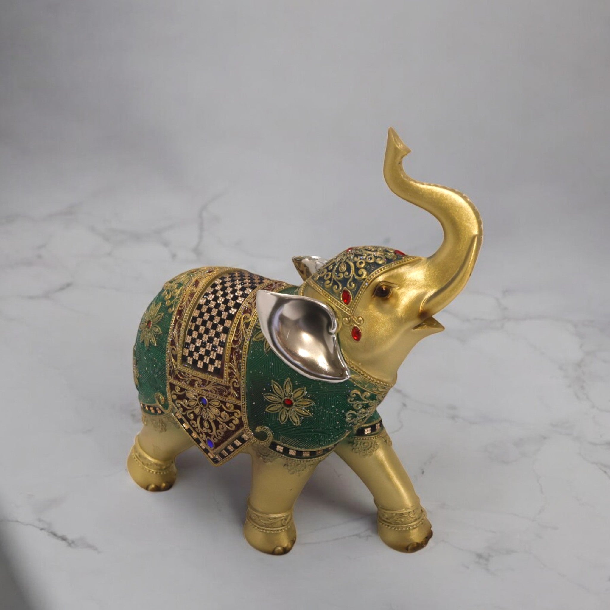 Divine Dekor Royal Elephant Statue - Large Emerald & Gold Luxury Home Decor