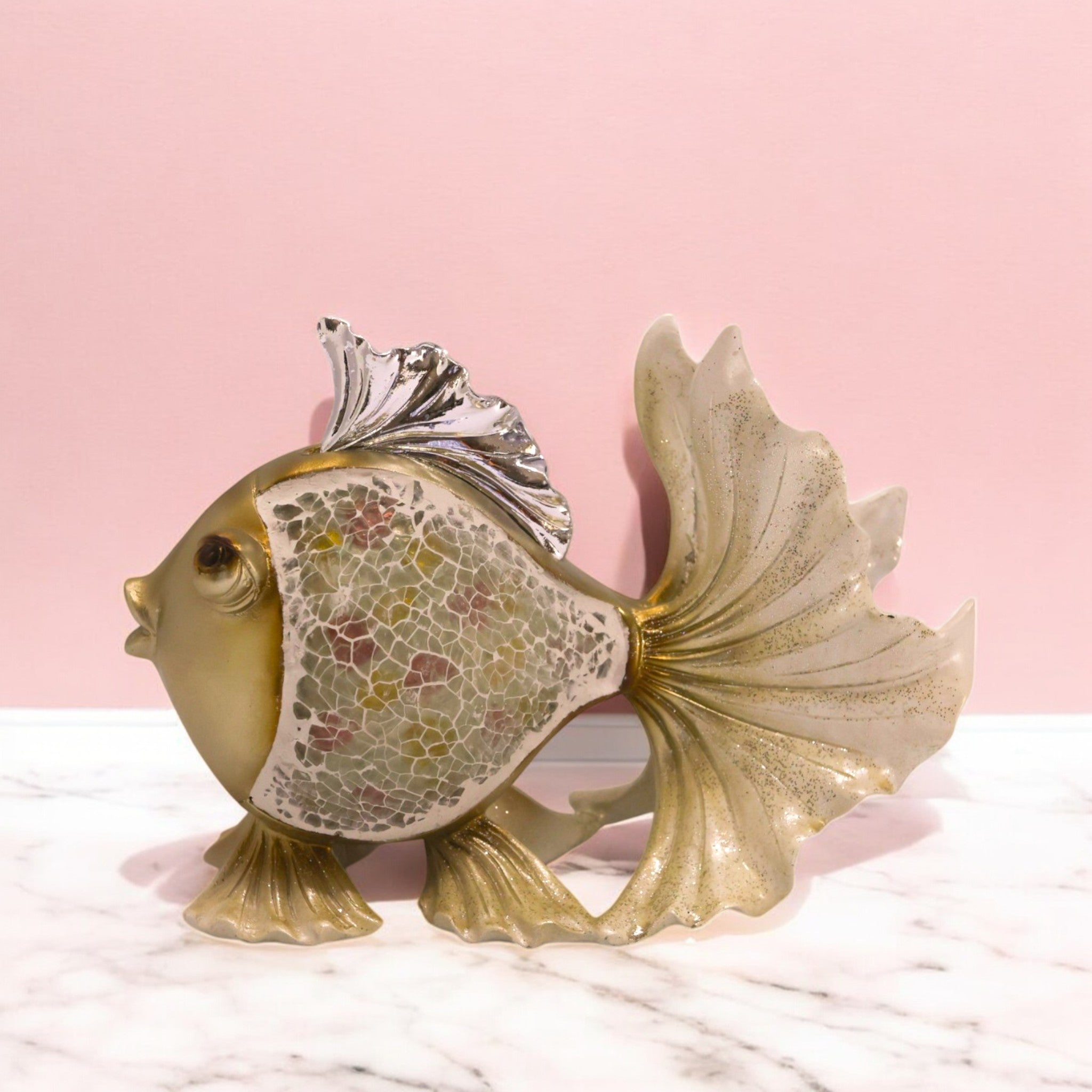 Luxury Golden Fantail Fish Sculpture | Flowing Fin Art Statue | 21cm Feng Shui Home Decor - Divine Dekor