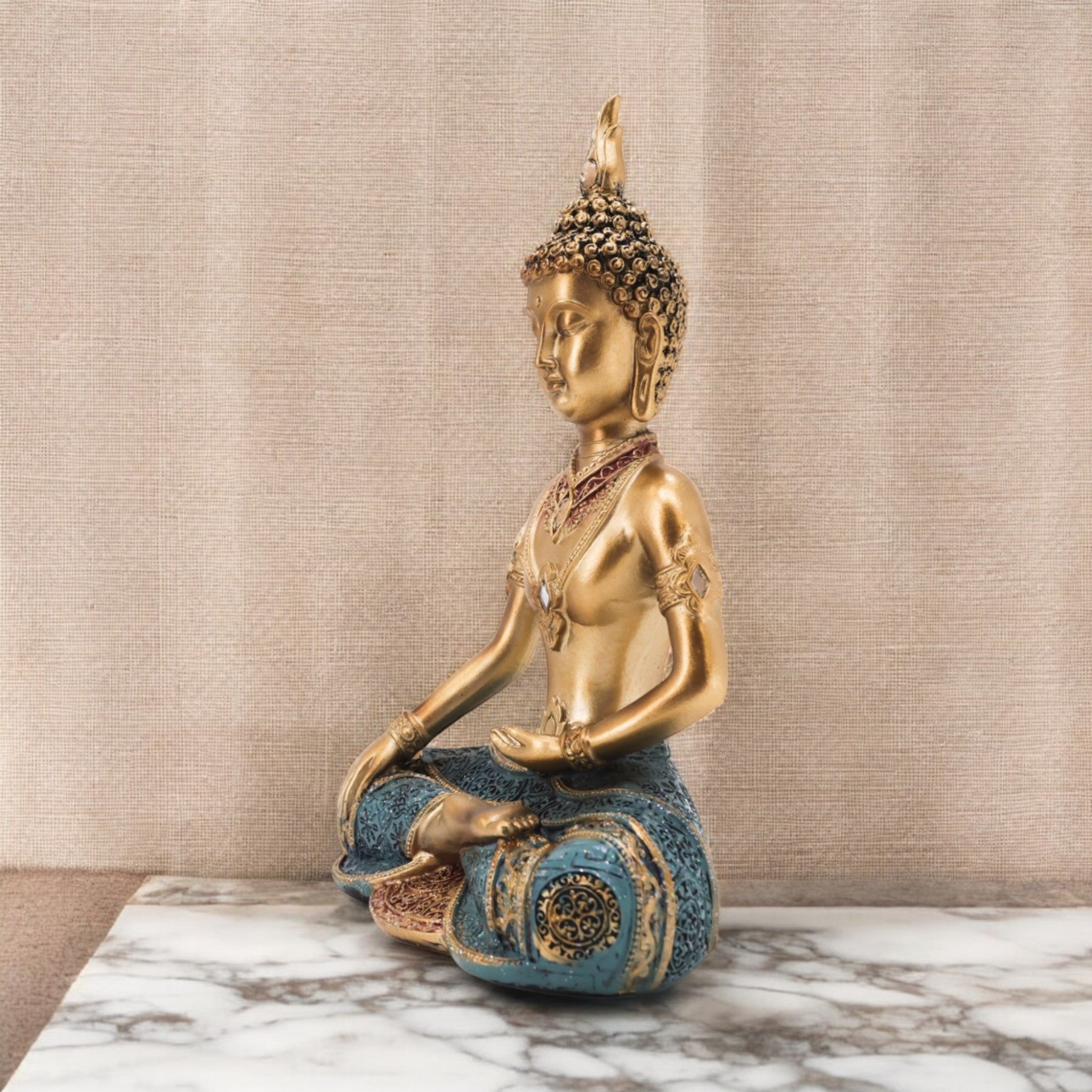 Divine Dekor’s Meditation Buddha Statue 34cm | Golden & Turquoise Zen Art | Large Spiritual Decor