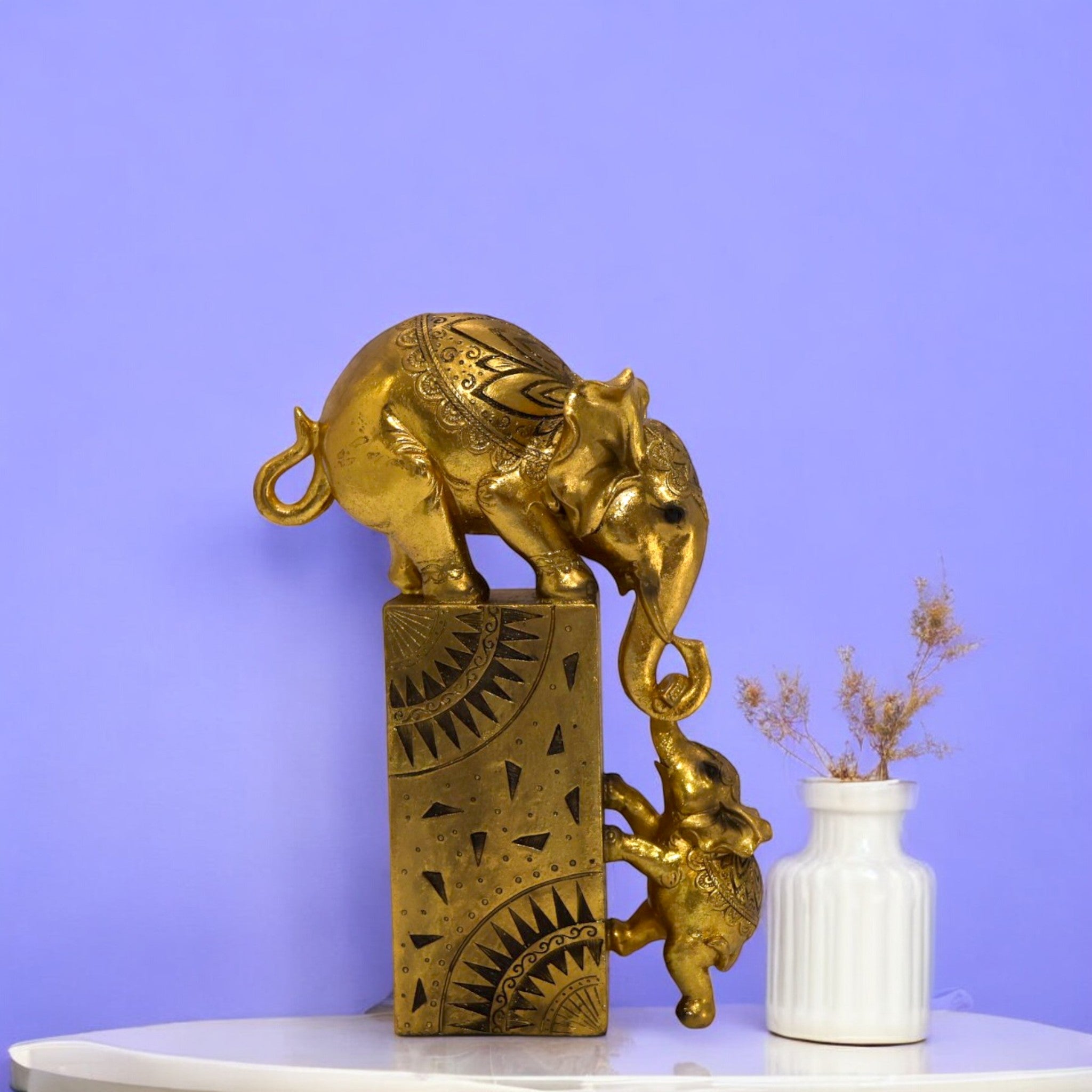 Divine Dekor’s Modern Golden Elephant Sculpture 28cm | Abstract Art Statue | Luxury Feng Shui Decor | Divine Dekor