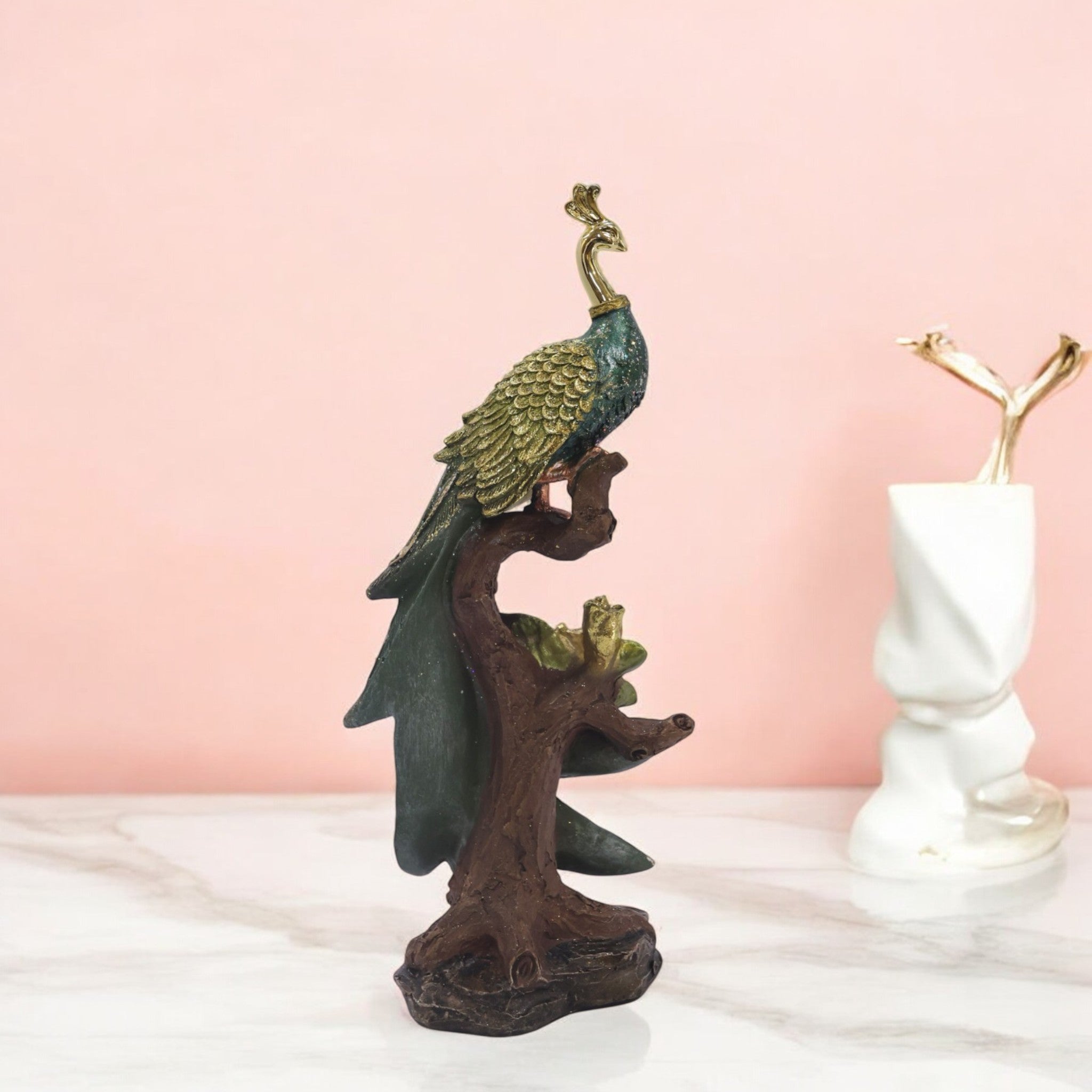 Regal Peacock Sculpture | Hand-Painted Luxury Home Decor | 28cm Decorative Bird Figurine - Divine Dekor
