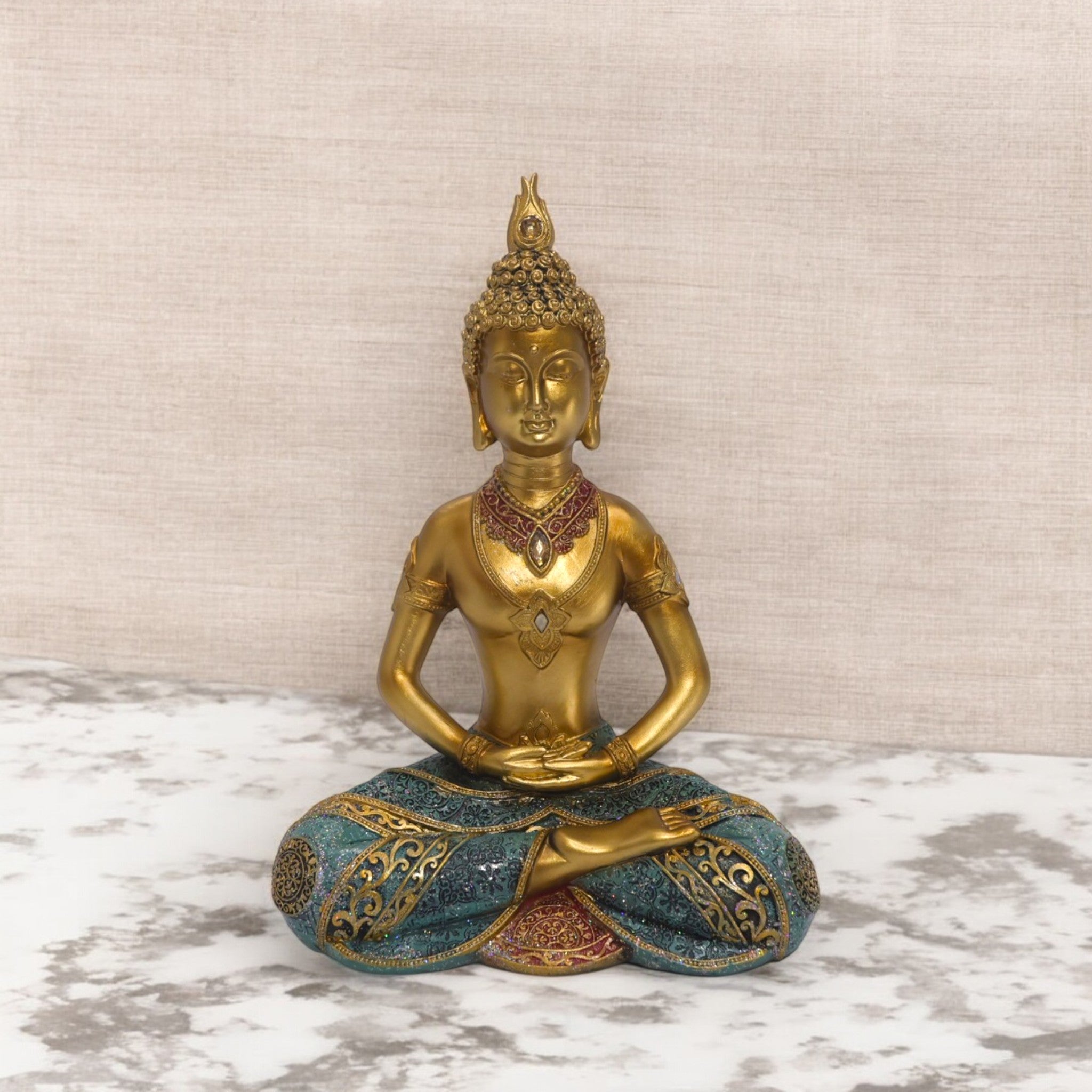 Meditation Buddha Sculpture | Golden & Turquoise Zen Art Statue | 29cm Spiritual Home Decor - Divine Dekor