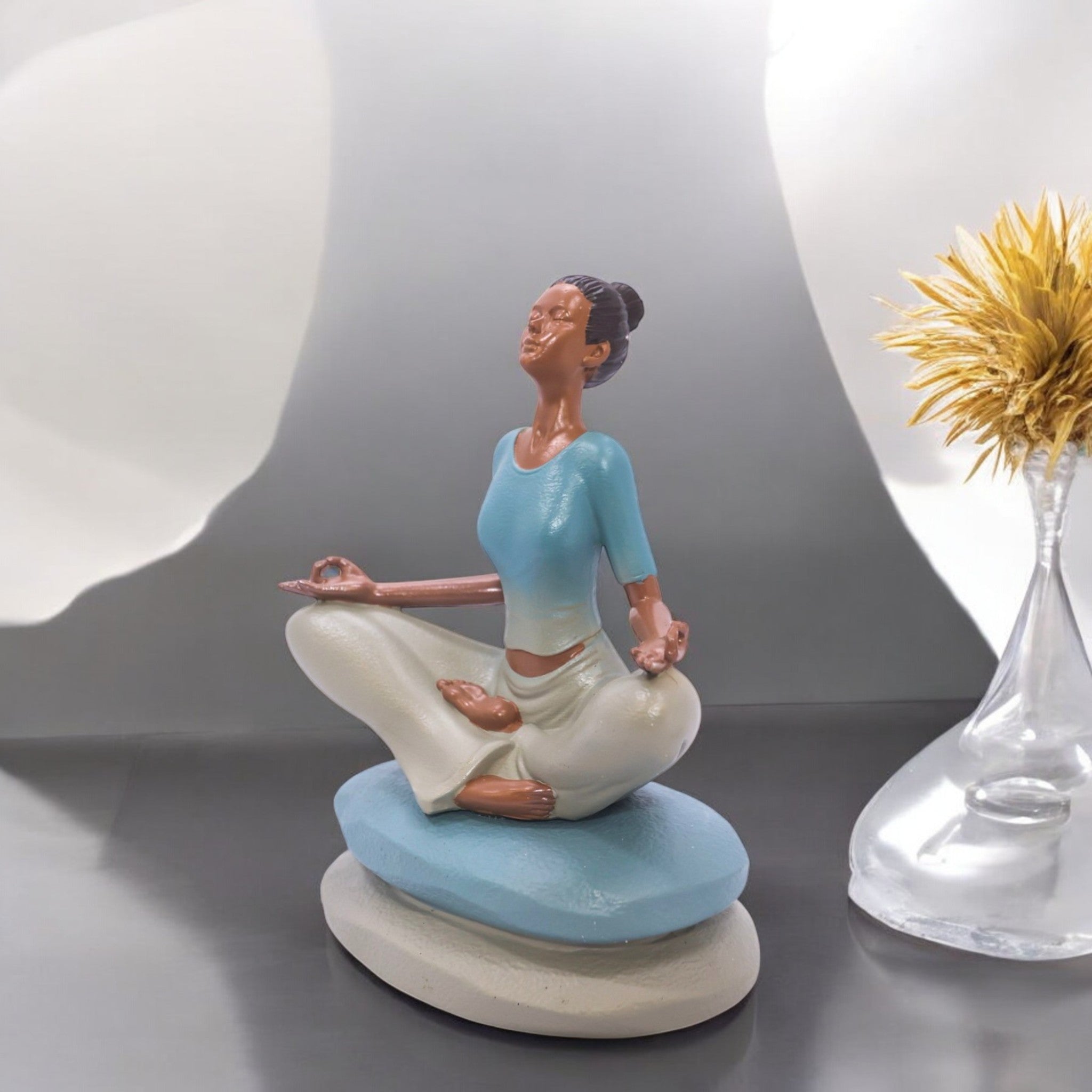 Divine Dekor’s Serene Lotus Meditation Sculpture 22.5cm | Mint & White Zen Art | Layered Base Yoga Decor