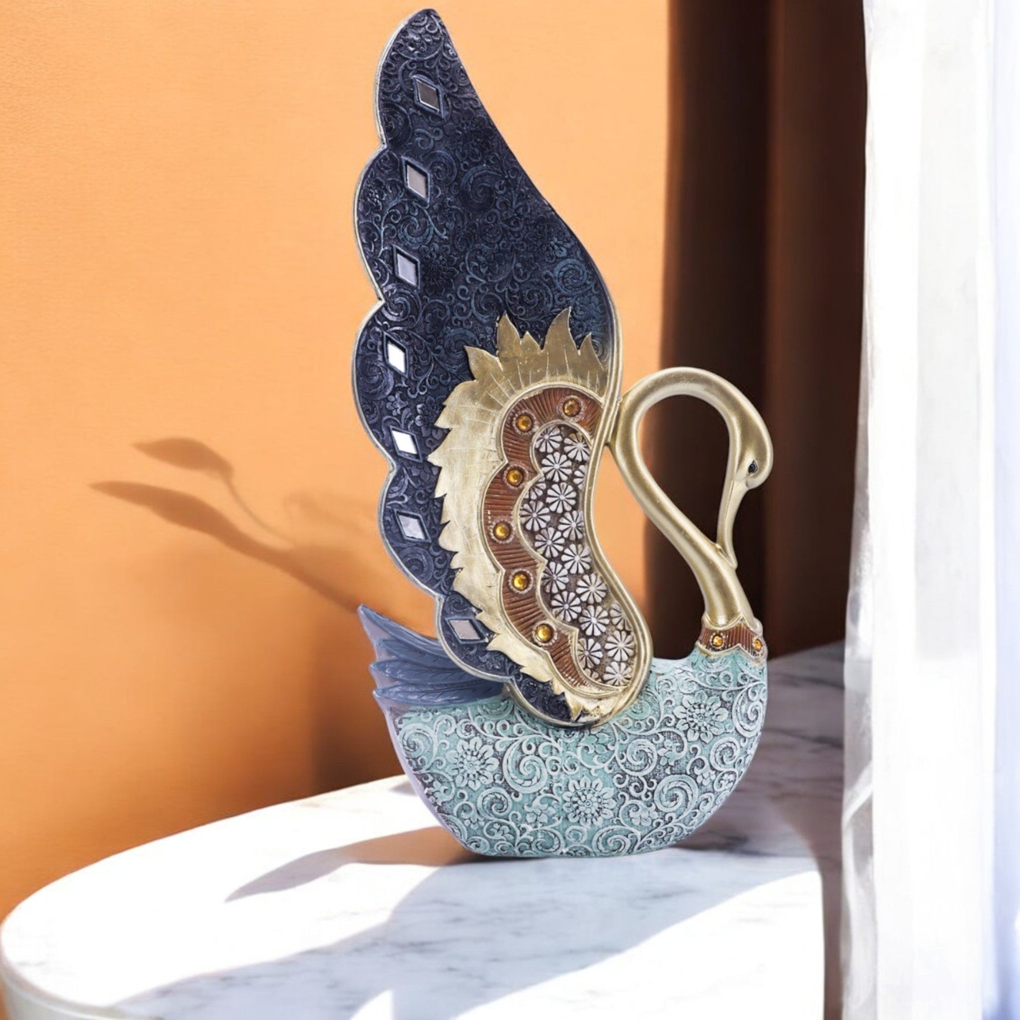 Elegant Swan Wing Sculpture | Navy & Gold Art with Crystal Base | 36cm Luxury Home Decor - Divine Dekor