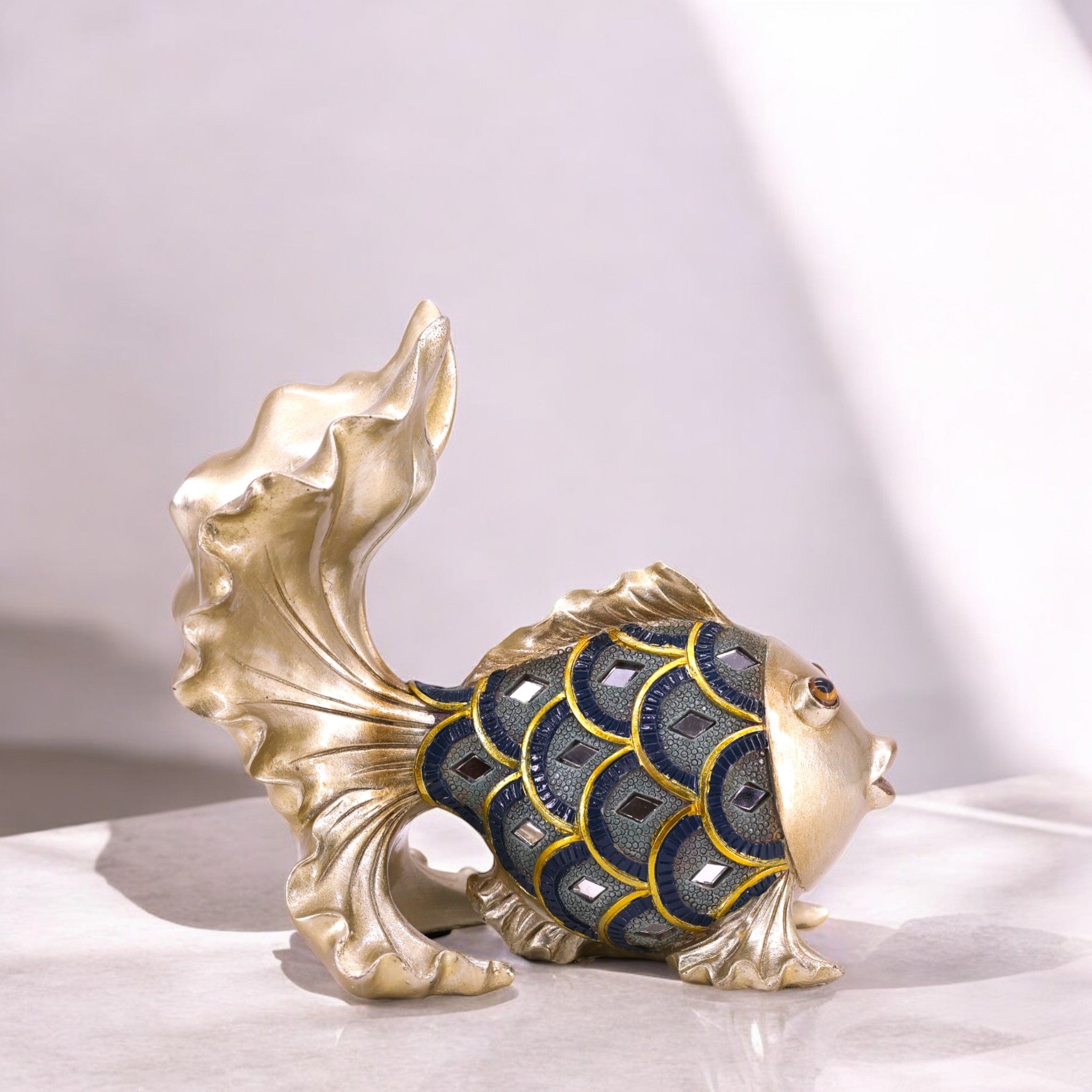 Luxurious Golden Koi Fish Sculpture | Blue Crystal Accents | Feng Shui Decorative Art | Divine Dekor