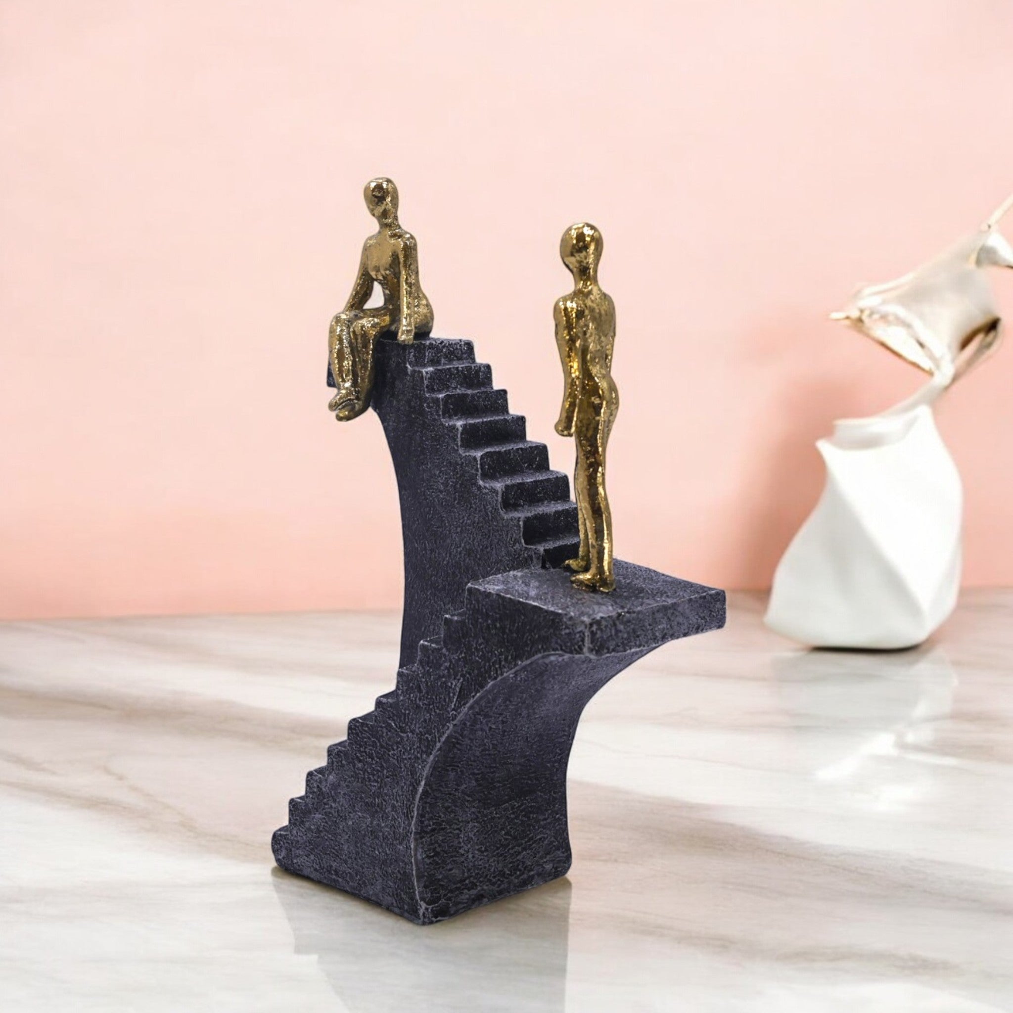 Ascending Figures Stairway Sculpture | Modern Grey & Gold Art Statue | 25cm Contemporary Home Decor - Divine Dekor