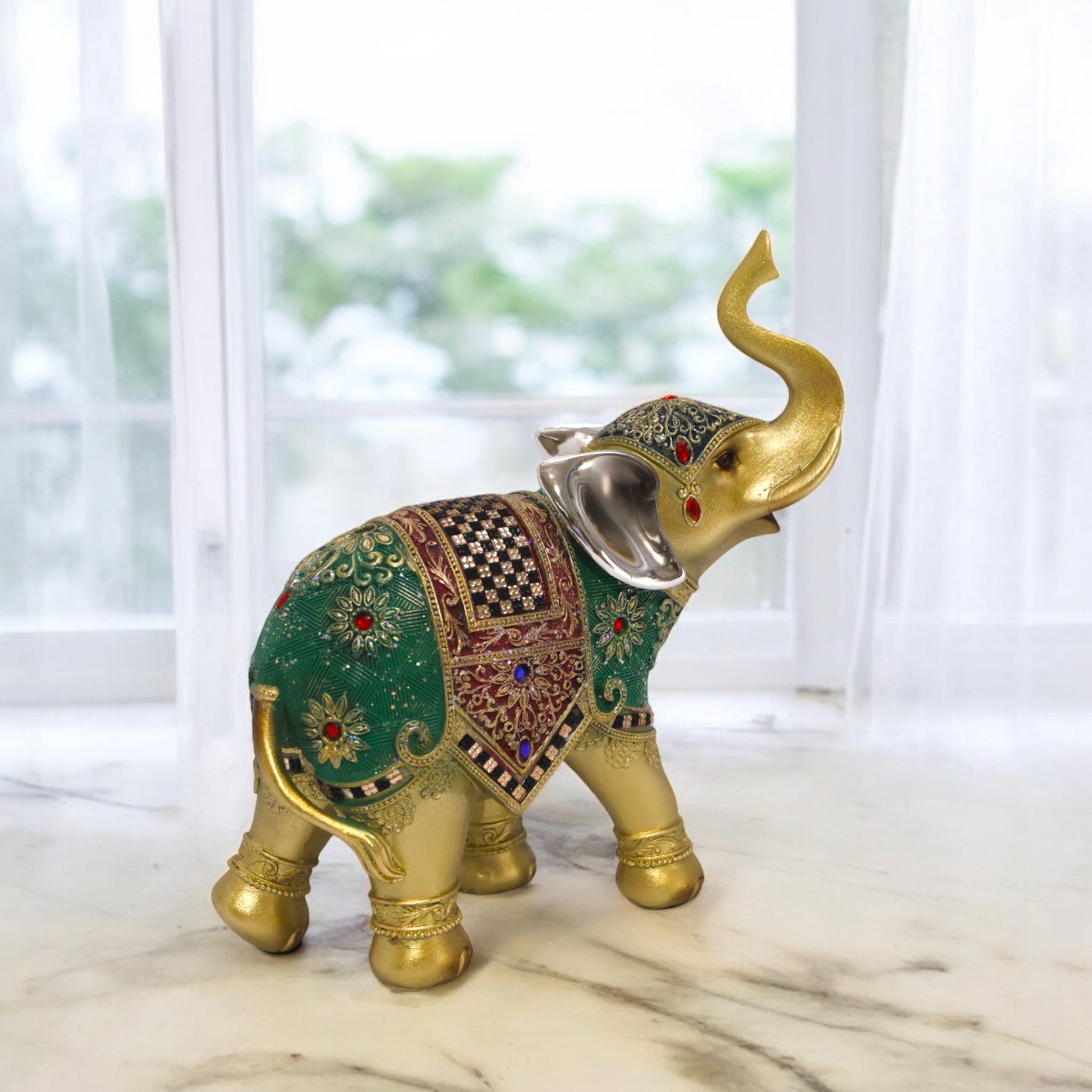 Divine Dekor Royal Elephant Statue - Emerald & Gold Prosperity Decor