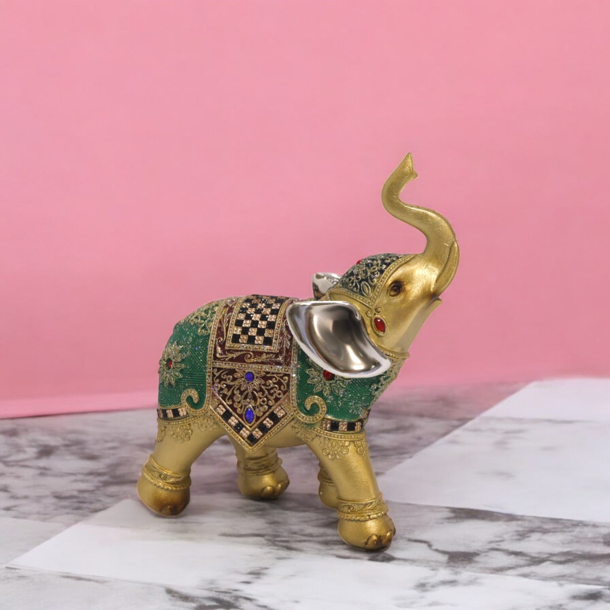 Divine Dekor Bejeweled Elephant Statue - Turquoise & Gold Resin Home Decor