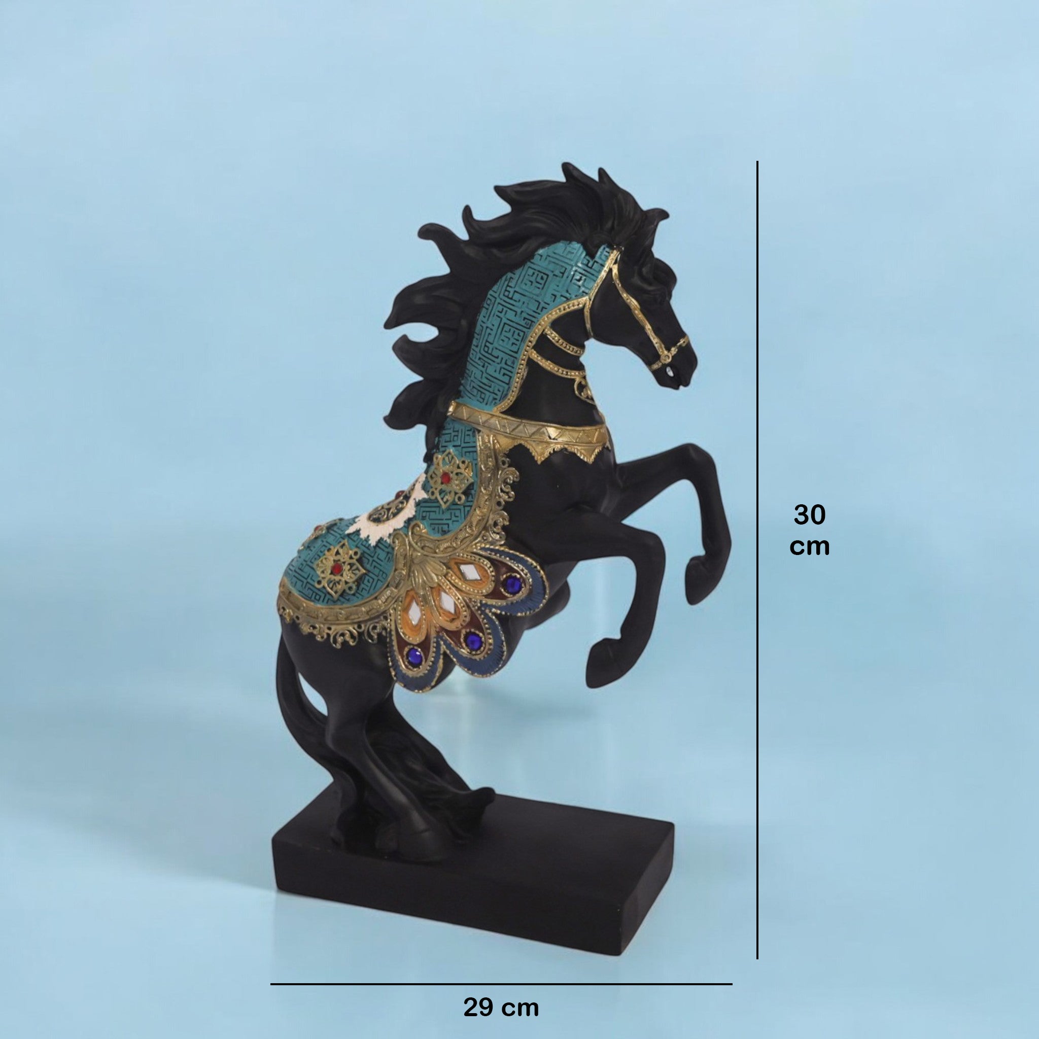 Majestic Black Horse Sculpture with Turquoise Accents | Rearing Stallion Art Statue | 30cm Premium Home Decor - Divine Dekor