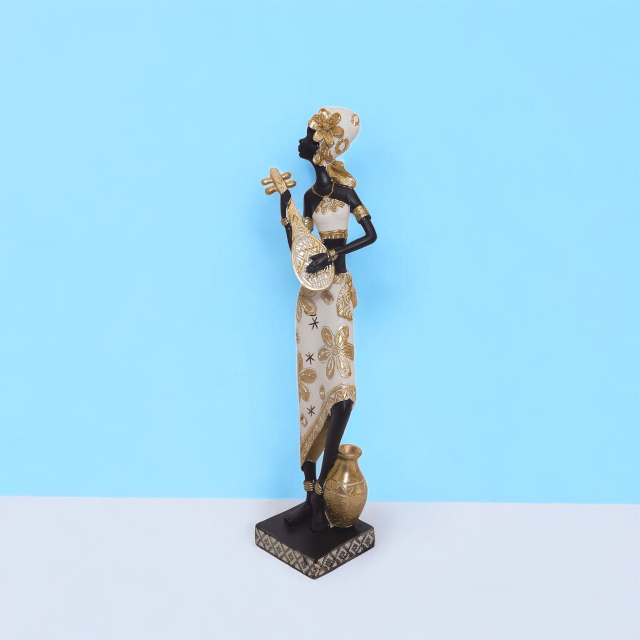 African Lady Sculpture in Traditional Dress | Golden Art Statue | 31.5cm Luxury Cultural Decor - Divine Dekor