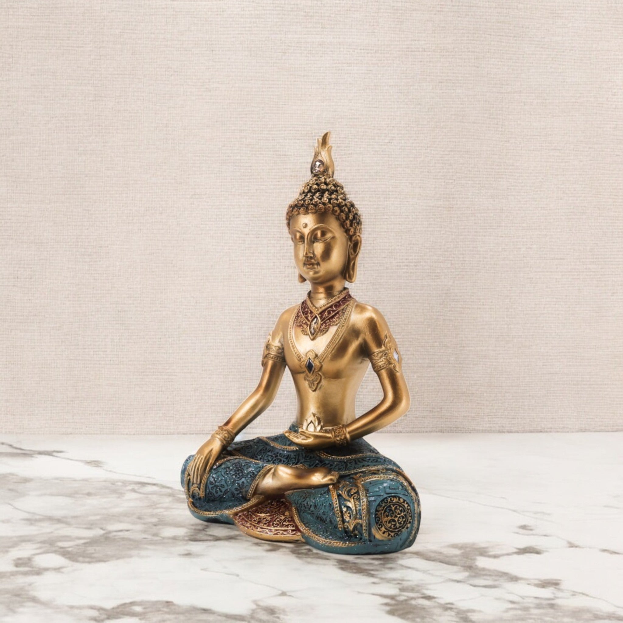 Divine Dekor’s Meditation Buddha Statue 34cm | Golden & Turquoise Zen Art | Large Spiritual Decor