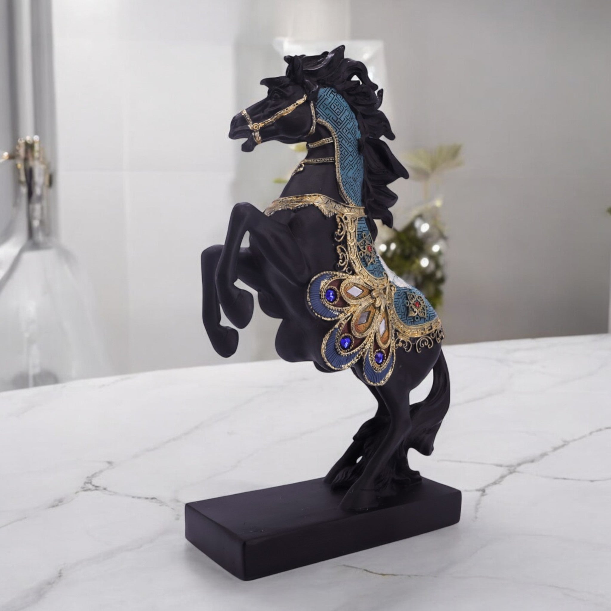 Regal Black Horse Sculpture with Turquoise Accents | Rearing Stallion Art Statue | 33.5cm Luxury Home Decor - Divine Dekor