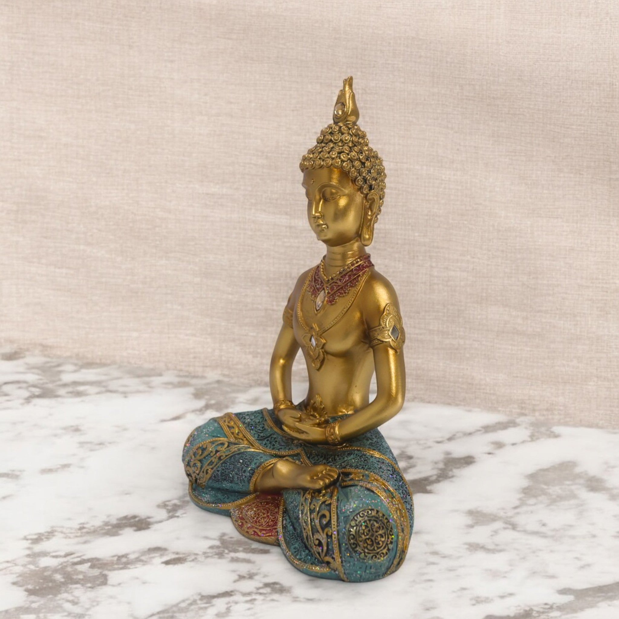 Meditation Buddha Sculpture | Golden & Turquoise Zen Art Statue | 29cm Spiritual Home Decor - Divine Dekor