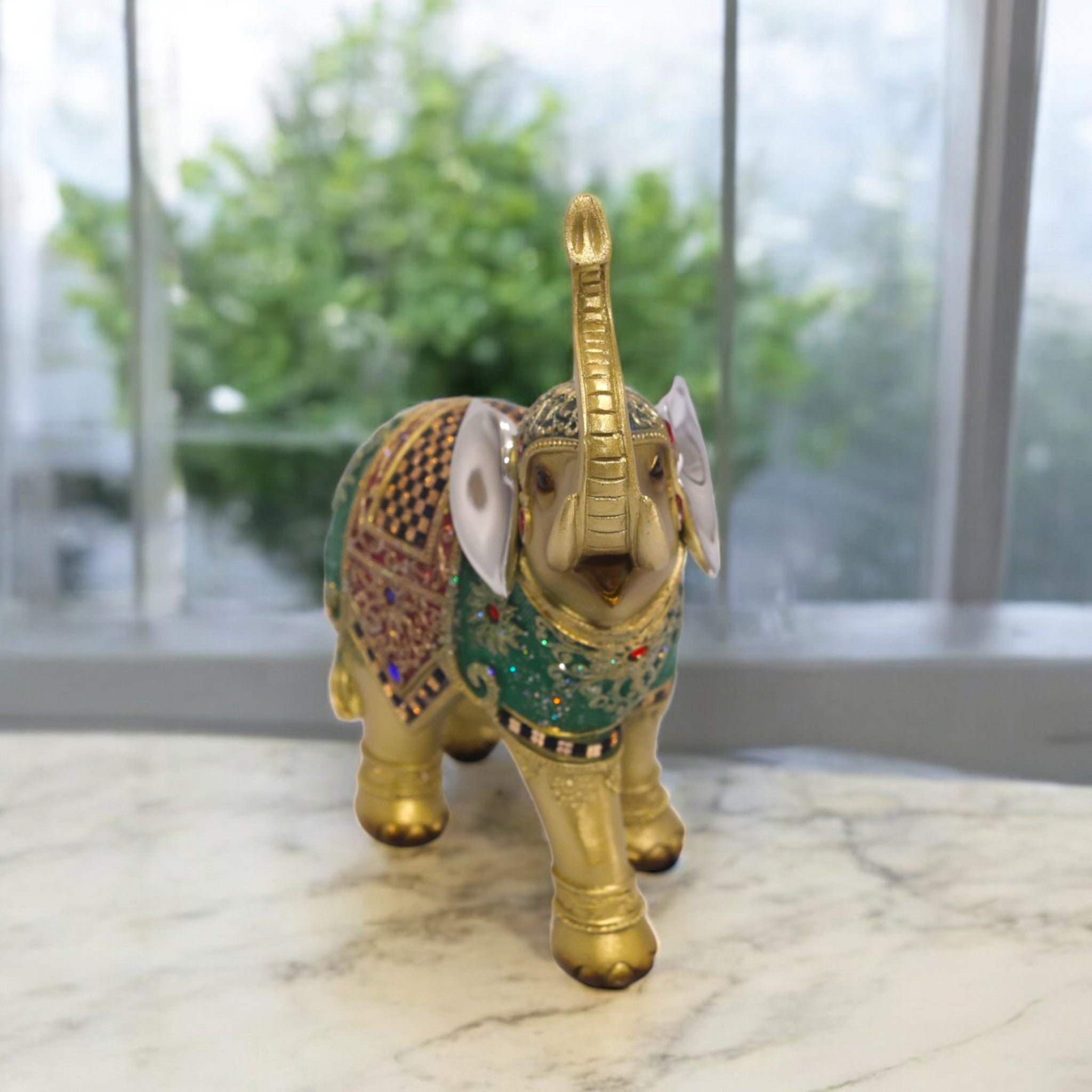 Divine Dekor Royal Elephant Statue - Emerald & Gold Prosperity Decor