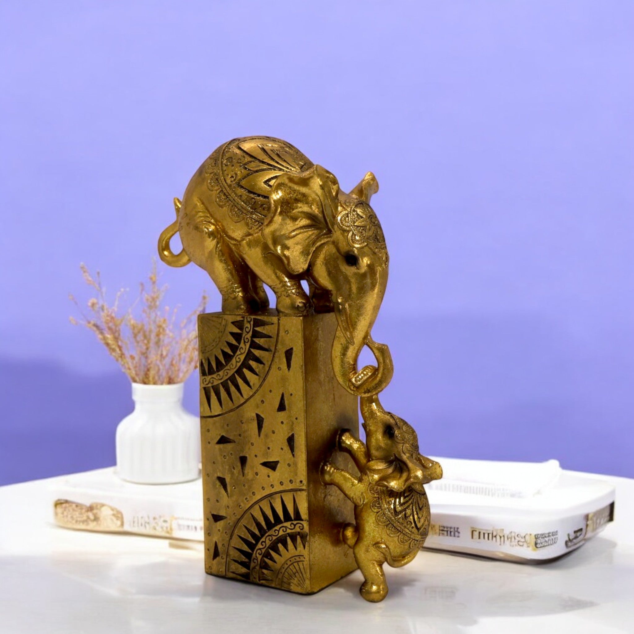 Divine Dekor’s Modern Golden Elephant Sculpture 28cm | Abstract Art Statue | Luxury Feng Shui Decor | Divine Dekor