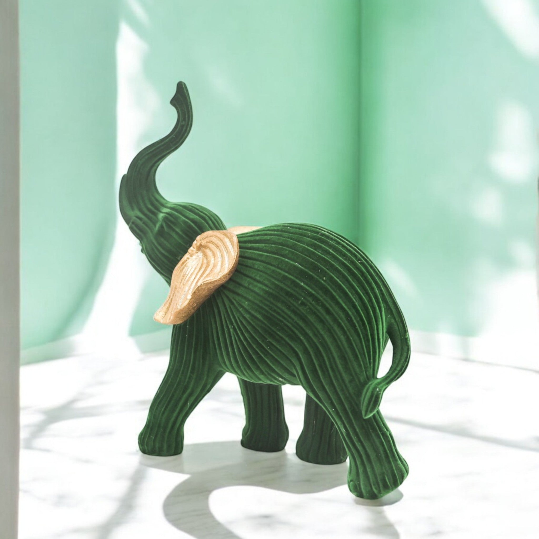 Velvet Green Elephant Sculpture | Modern Art Decor | 28cm Gold-Accented Statue