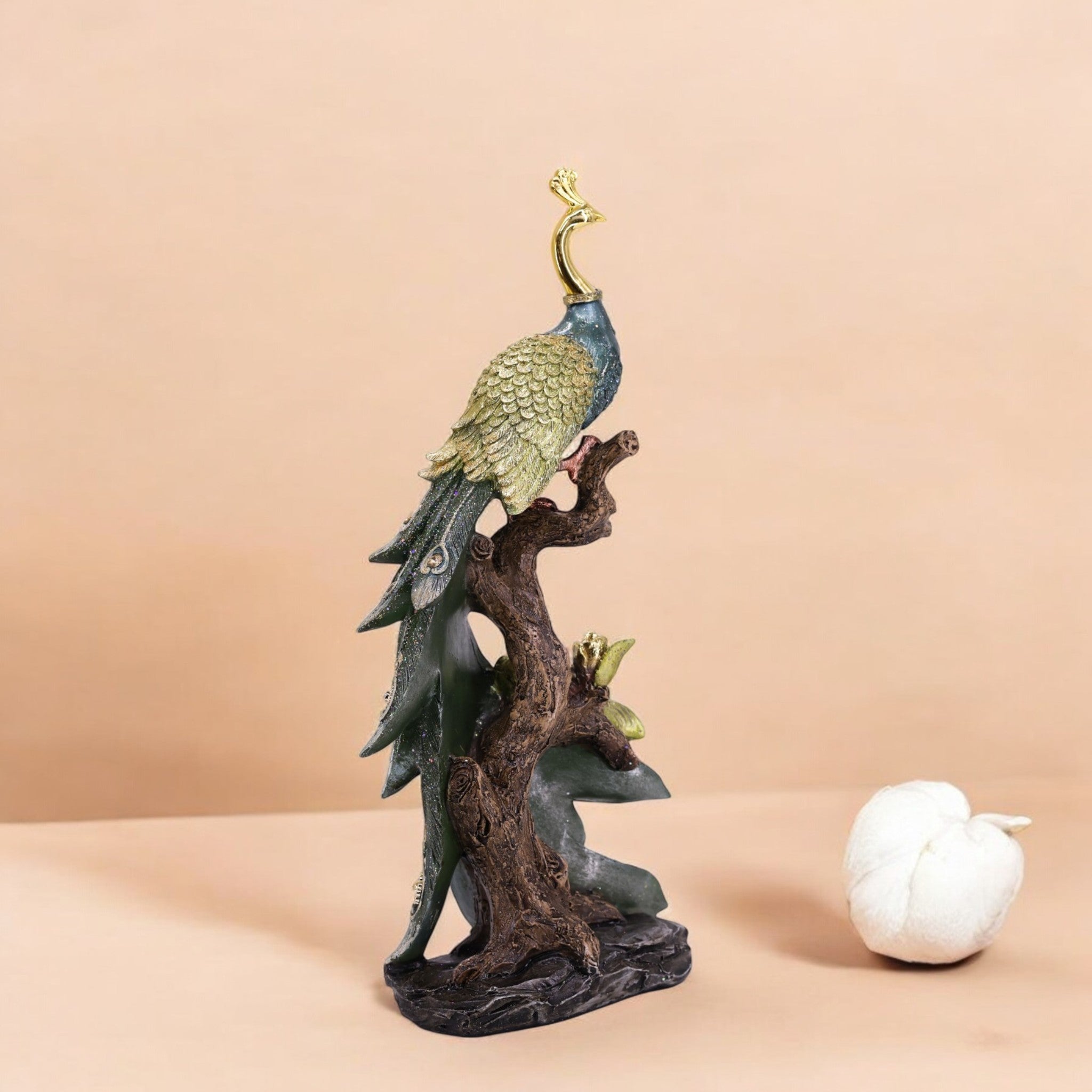 Elegant Peacock Tealight Holder 39cm | Green & Gold Resin Candle Stand | Luxury Bird Decor | Divine Dekor