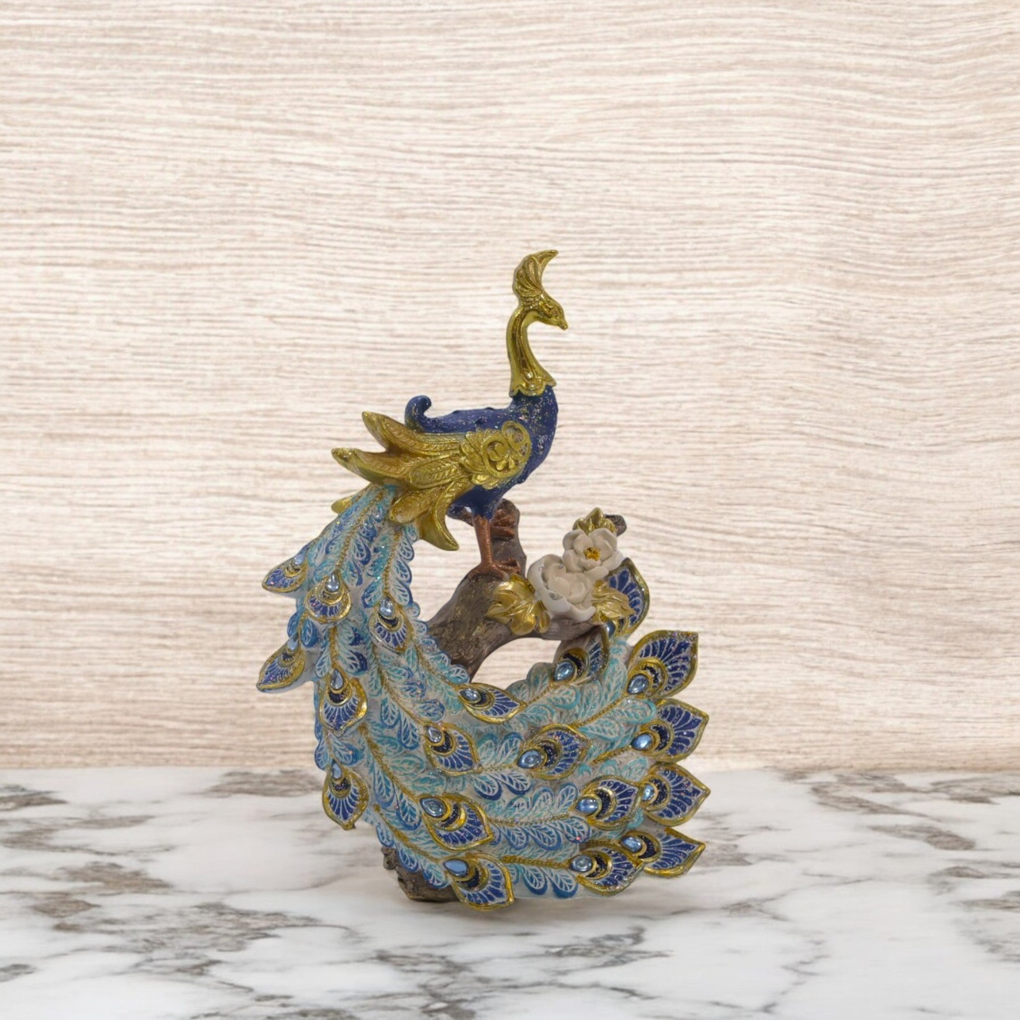 Luxury Aqua Peacock Sculpture | Crystal-Adorned Bird Figurine | 26cm Premium Home Decor - Divine Dekor