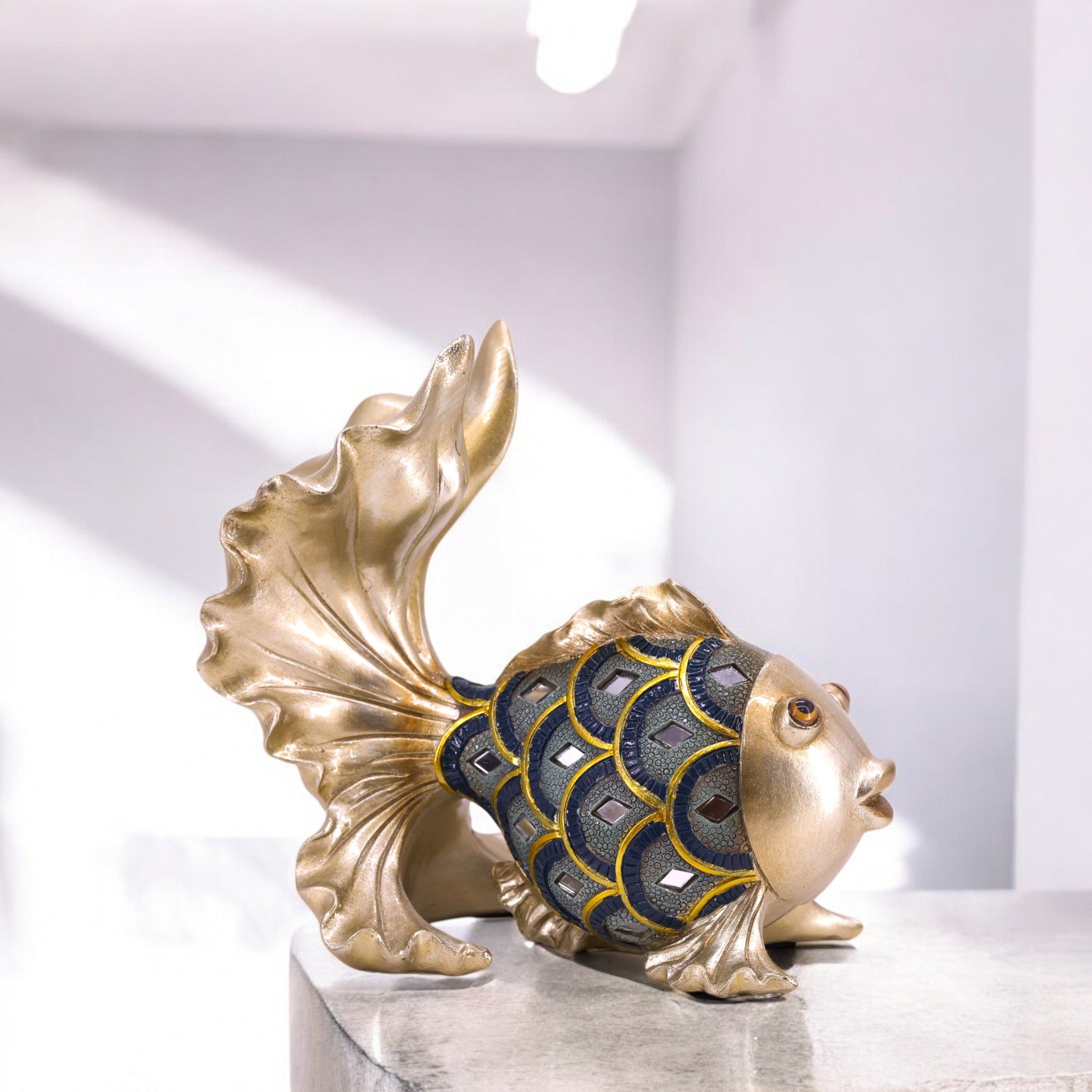 Luxurious Golden Koi Fish Sculpture | Blue Crystal Accents | Feng Shui Decorative Art | Divine Dekor