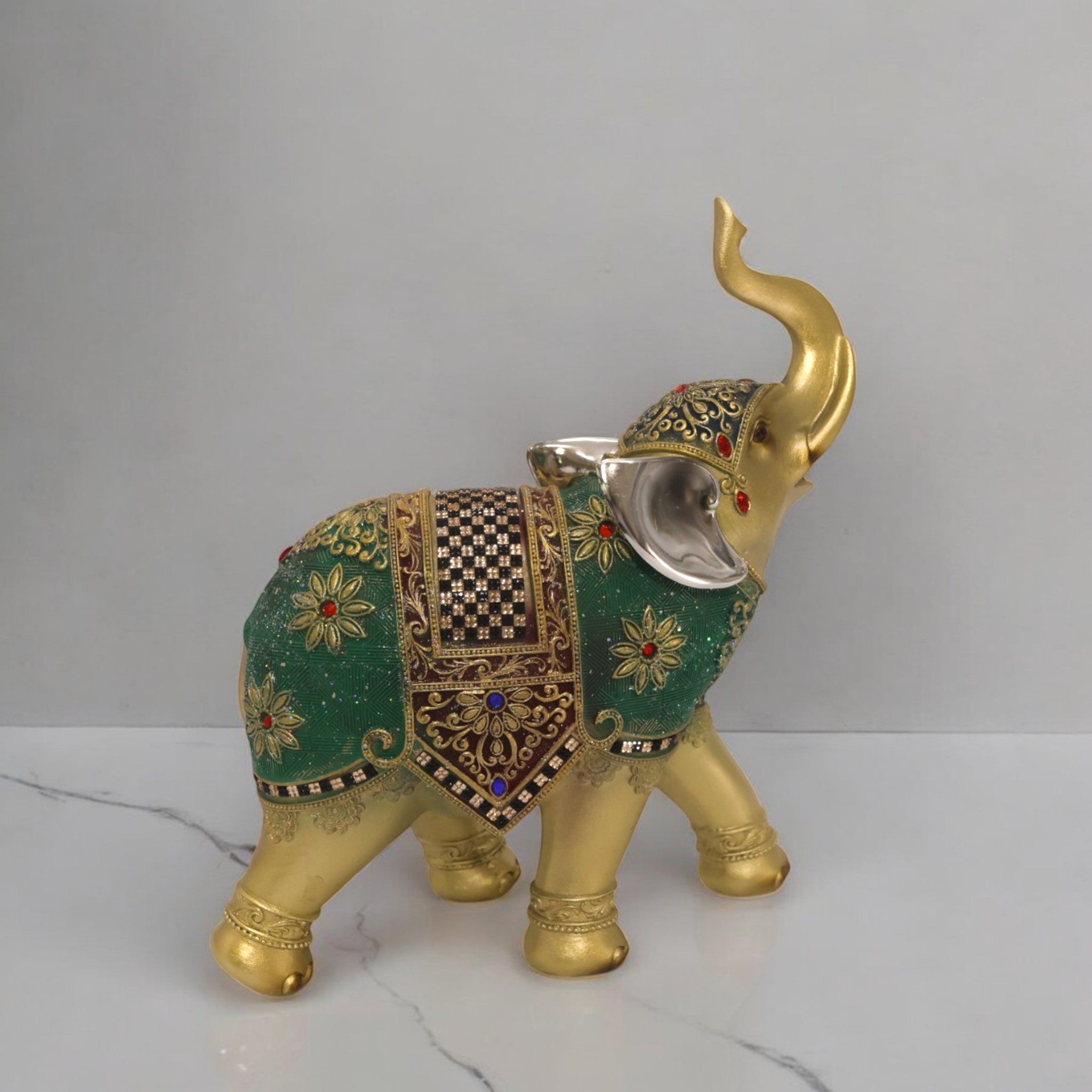 Divine Dekor Royal Elephant Statue - Large Emerald & Gold Luxury Home Decor