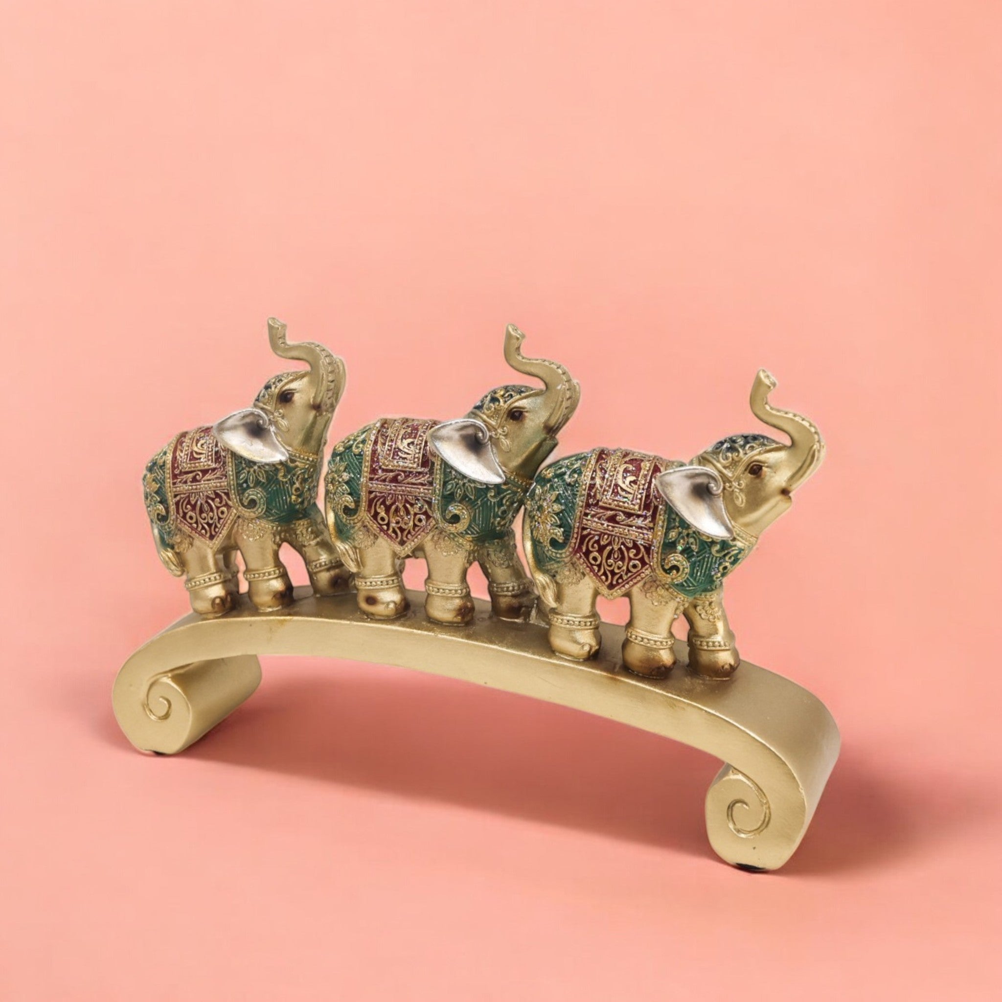 Divine Dekor Three Elephants Bridge Statue - Green & Gold Lucky Decor Set