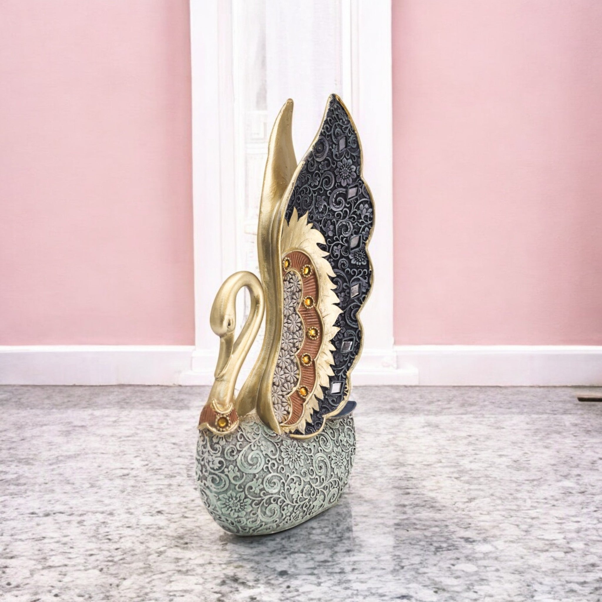 Luxurious Swan Sculpture | Gold Wing & Silver Body Art Statue | 27cm Premium Home Decor - Divine Dekor