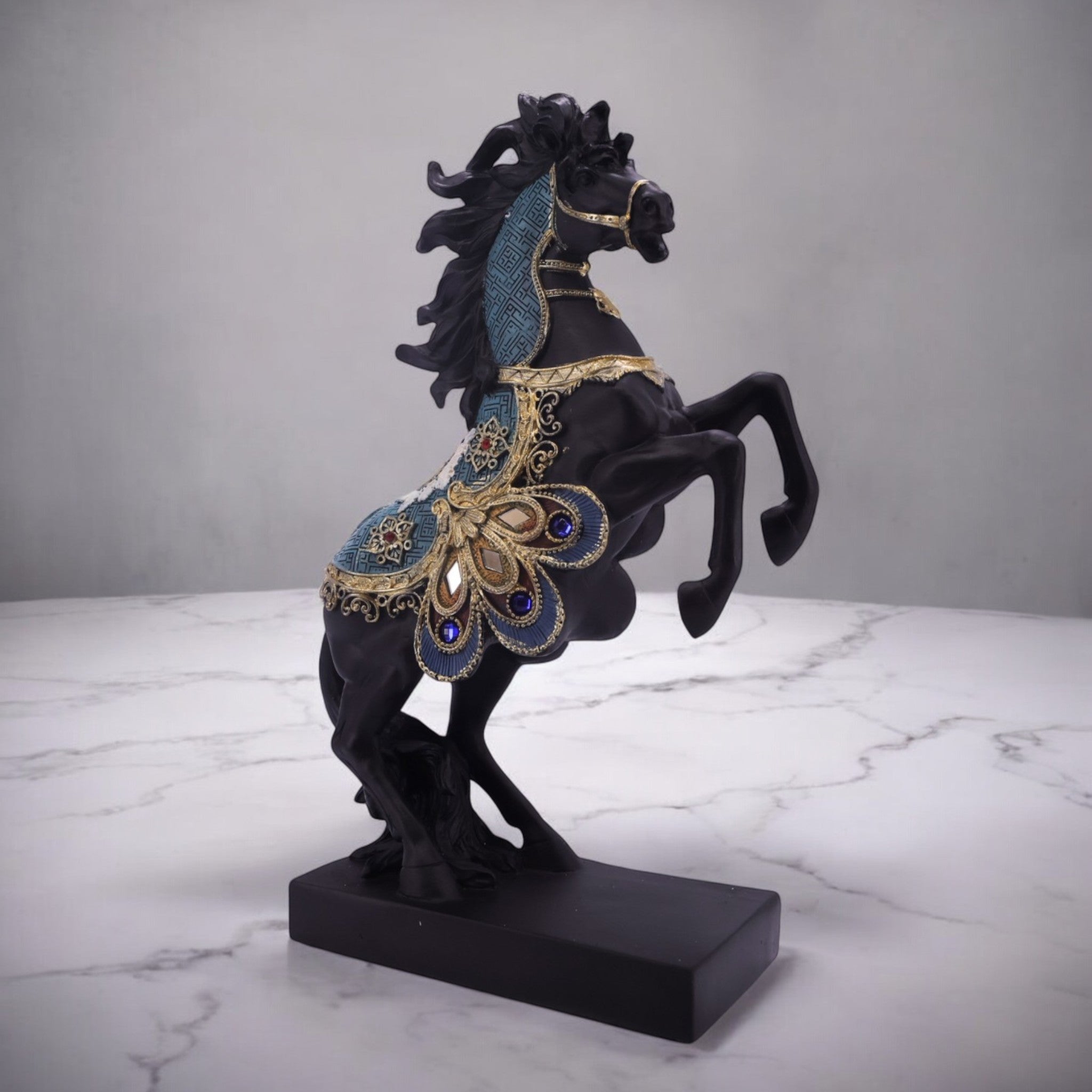 Regal Black Horse Sculpture with Turquoise Accents | Rearing Stallion Art Statue | 33.5cm Luxury Home Decor - Divine Dekor