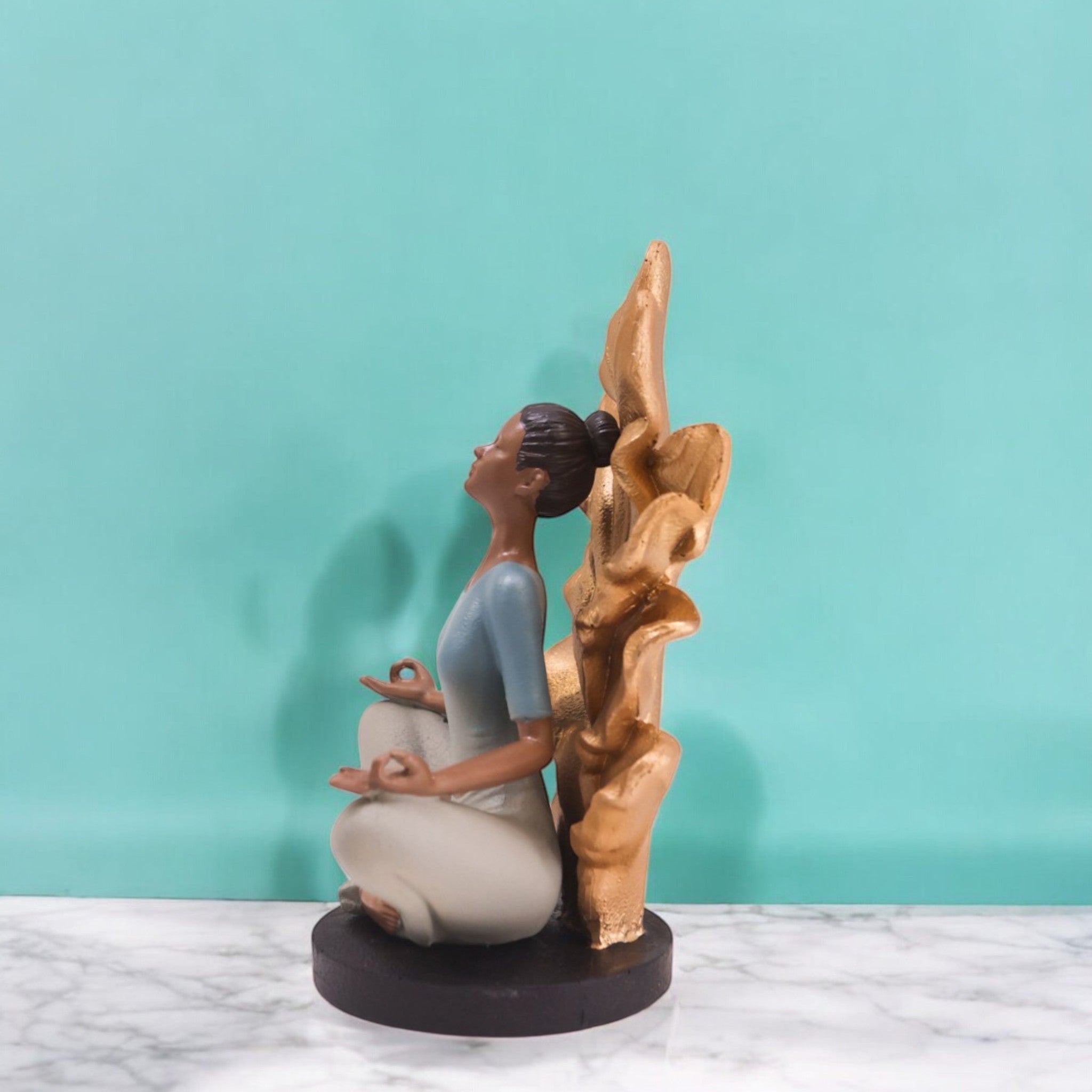 Divine Dekor’s Copper Leaf Yoga Sculpture 20cm | Lotus Pose Art Figure | Modern Meditation Decor