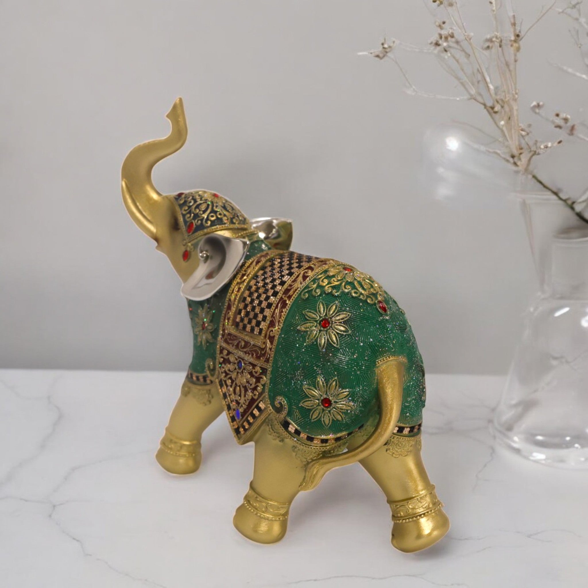 Divine Dekor Royal Elephant Statue - Large Emerald & Gold Luxury Home Decor