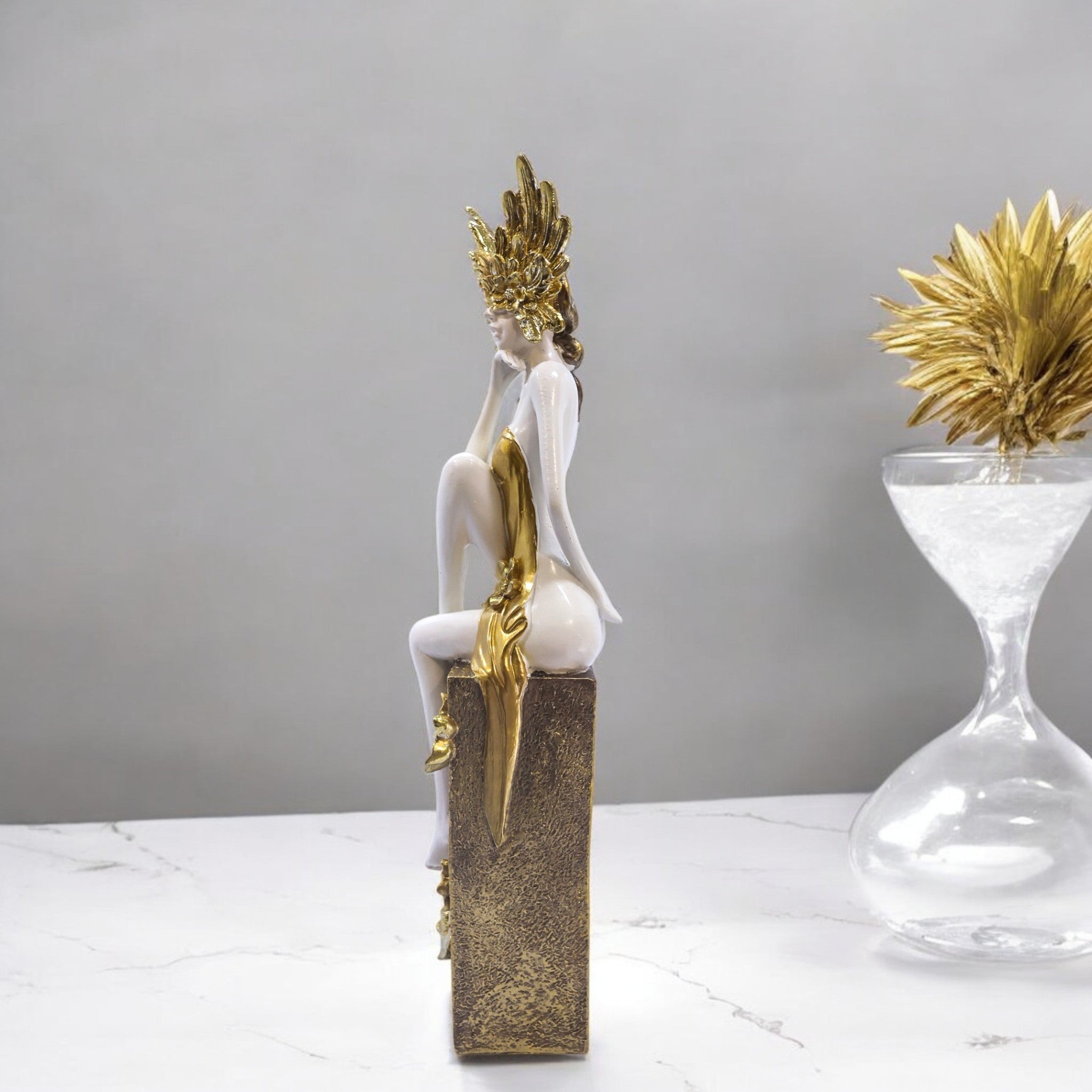 Elegant Lady Sculpture with Golden Base | Modern White Art Statue | 47cm Luxury Home Decor - Divine Dekor