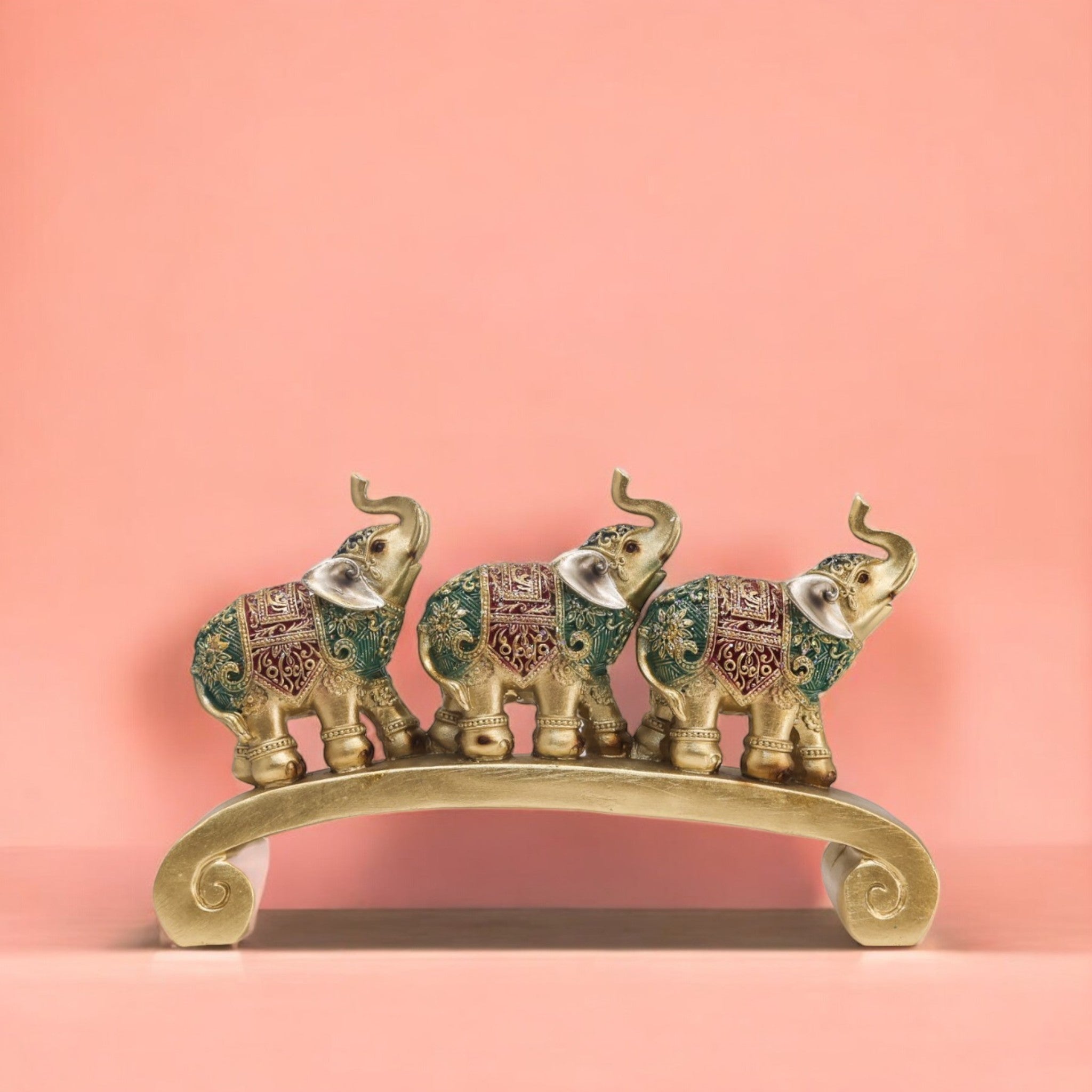 Divine Dekor Three Elephants Bridge Statue - Green & Gold Lucky Decor Set