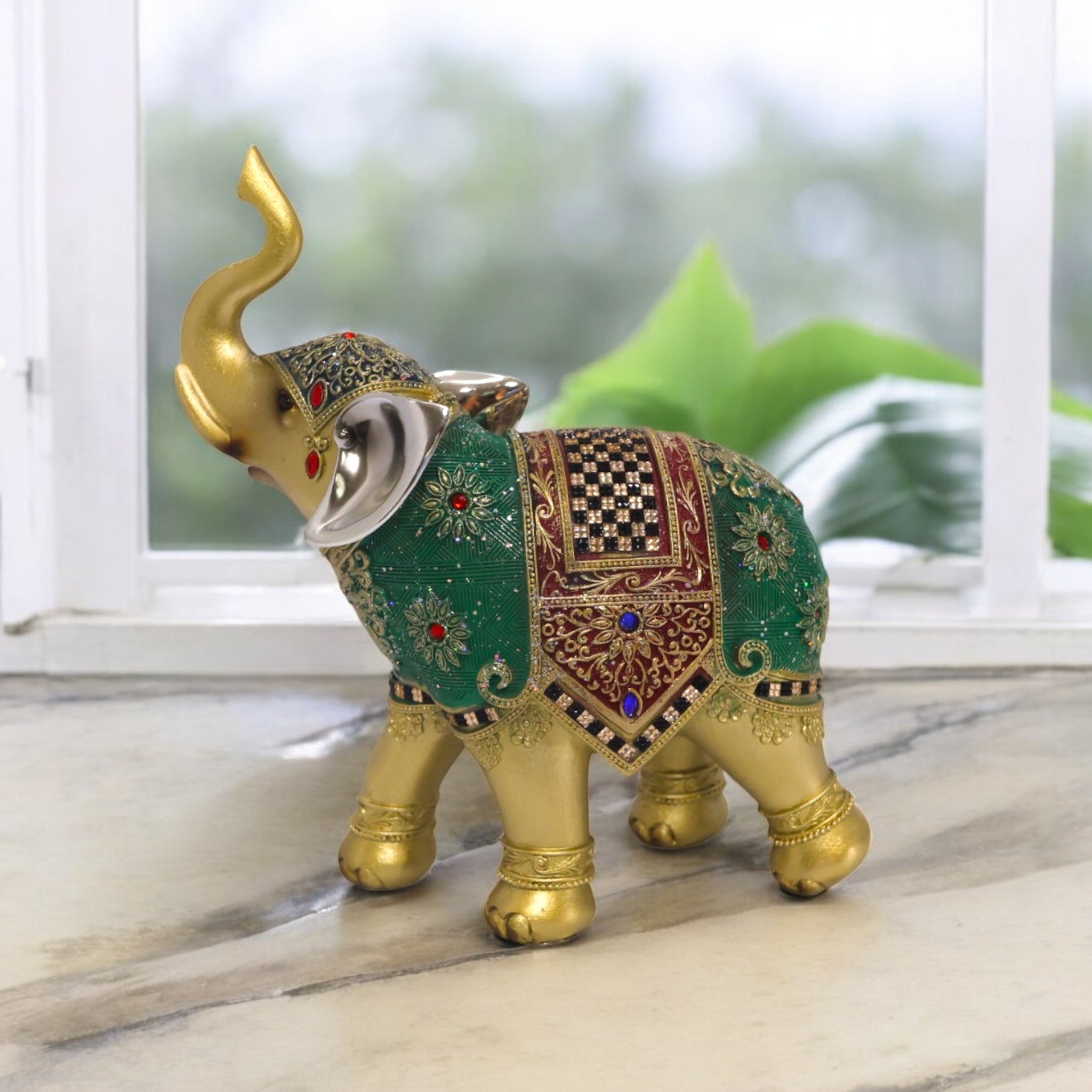 Divine Dekor Royal Elephant Statue - Emerald & Gold Prosperity Decor