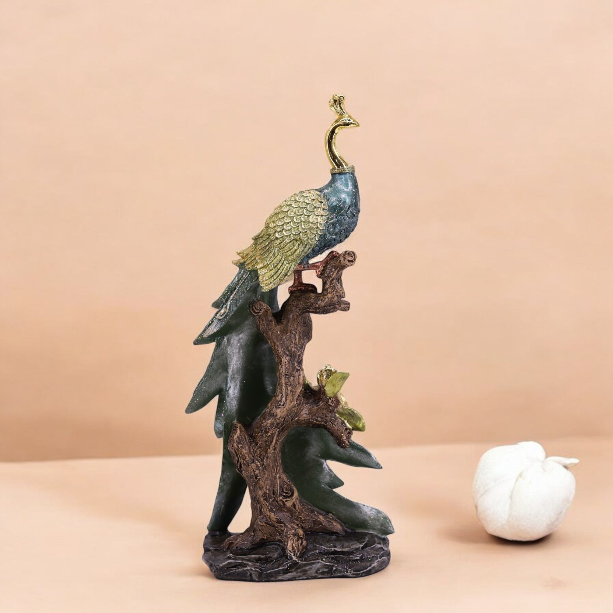 Elegant Peacock Tealight Holder 39cm | Green & Gold Resin Candle Stand | Luxury Bird Decor | Divine Dekor