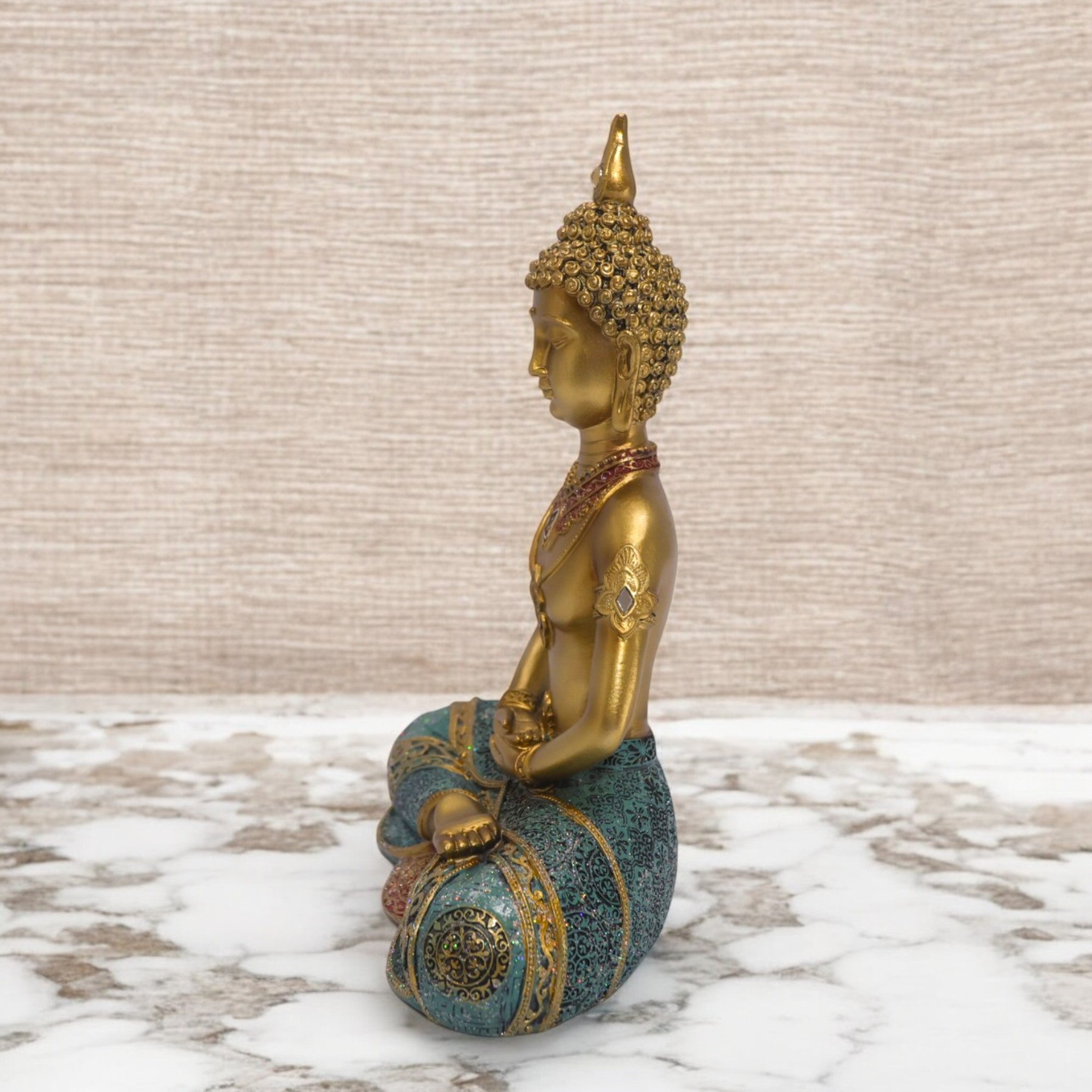 Meditation Buddha Sculpture | Golden & Turquoise Zen Art Statue | 29cm Spiritual Home Decor - Divine Dekor