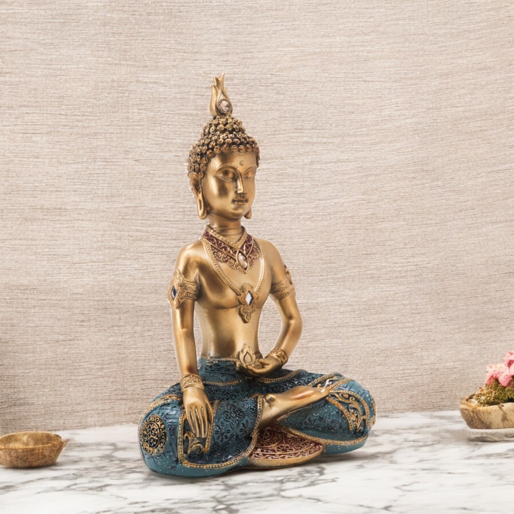 Divine Dekor’s Meditation Buddha Statue 34cm | Golden & Turquoise Zen Art | Large Spiritual Decor