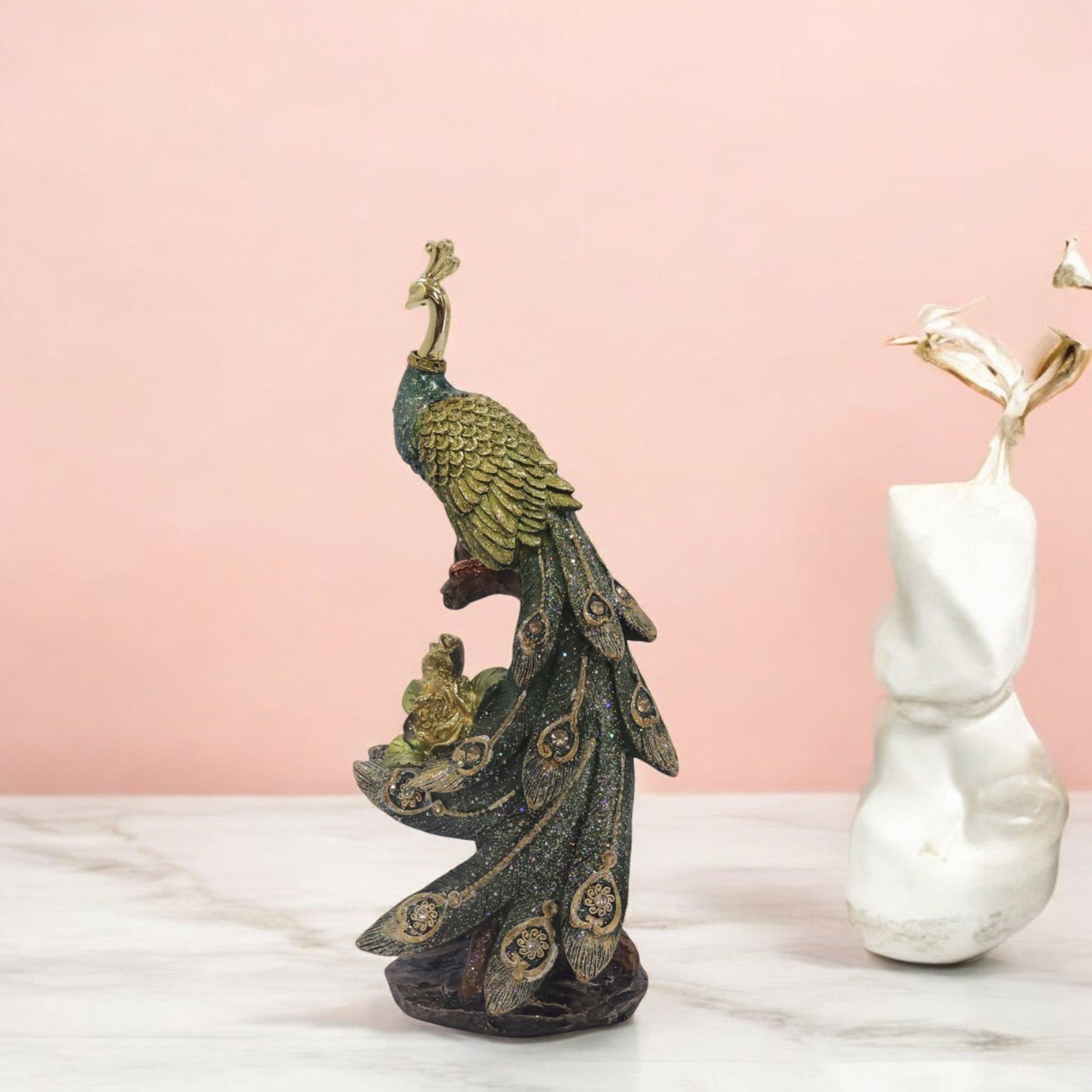 Regal Peacock Sculpture | Hand-Painted Luxury Home Decor | 28cm Decorative Bird Figurine - Divine Dekor