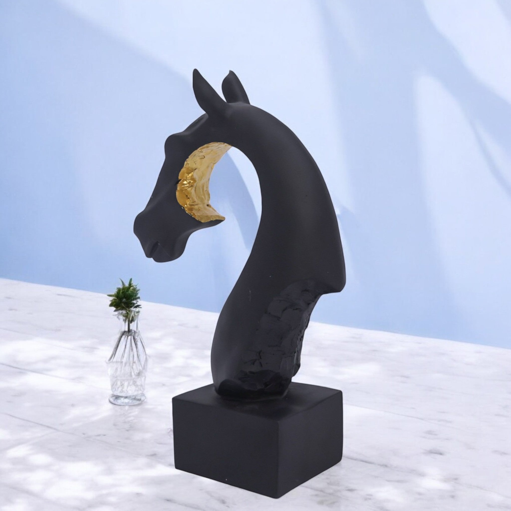 Modern Black Horse Head Sculpture | Contemporary Abstract Art Statue | 26cm Designer Home Decor - Divine Dekor