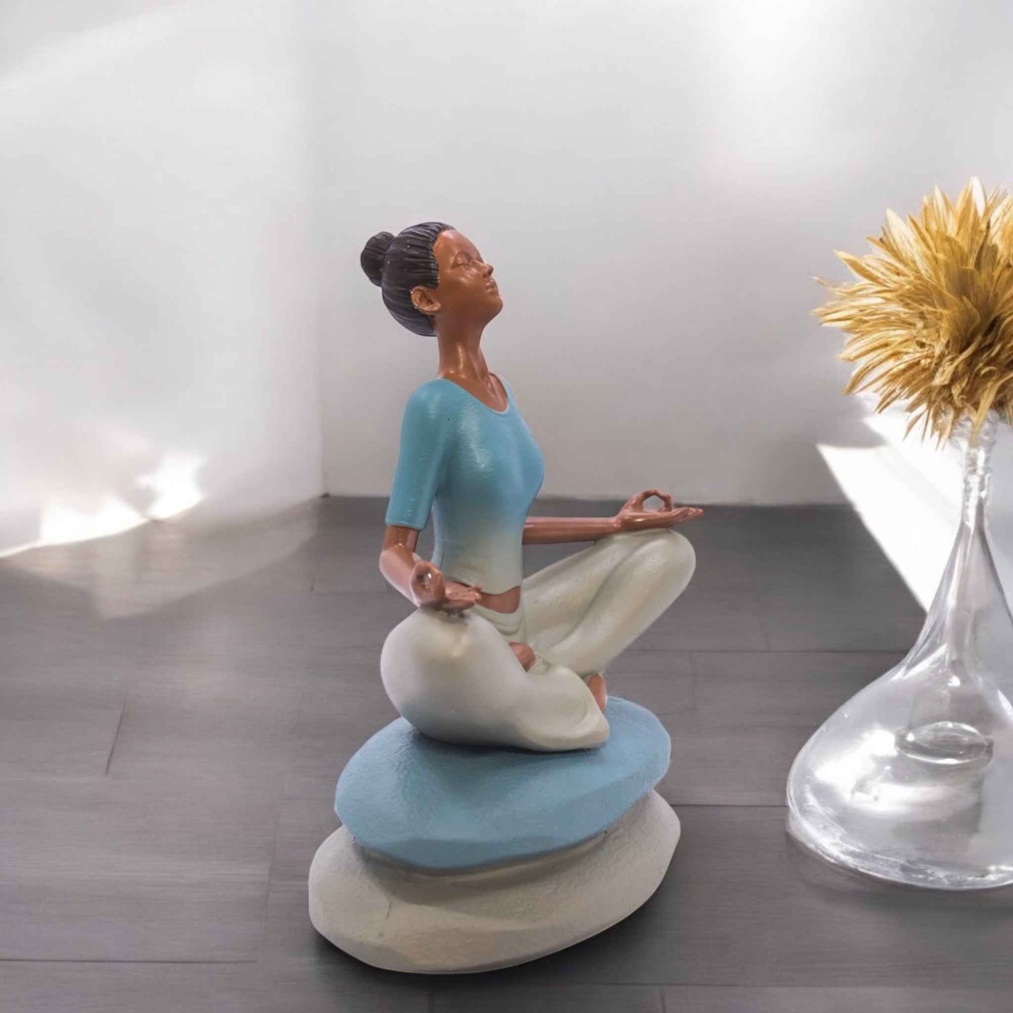 Divine Dekor’s Serene Lotus Meditation Sculpture 22.5cm | Mint & White Zen Art | Layered Base Yoga Decor