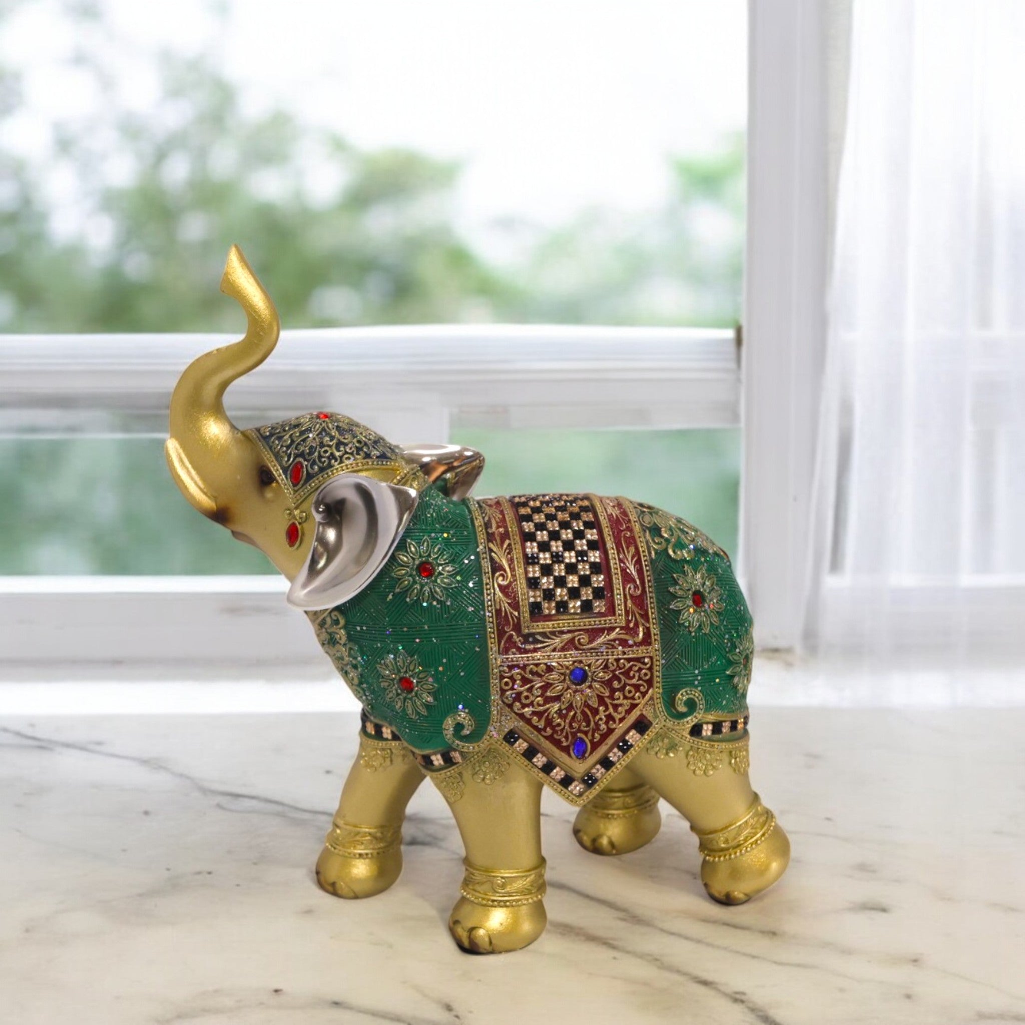 Divine Dekor Royal Elephant Statue - Emerald & Gold Prosperity Decor