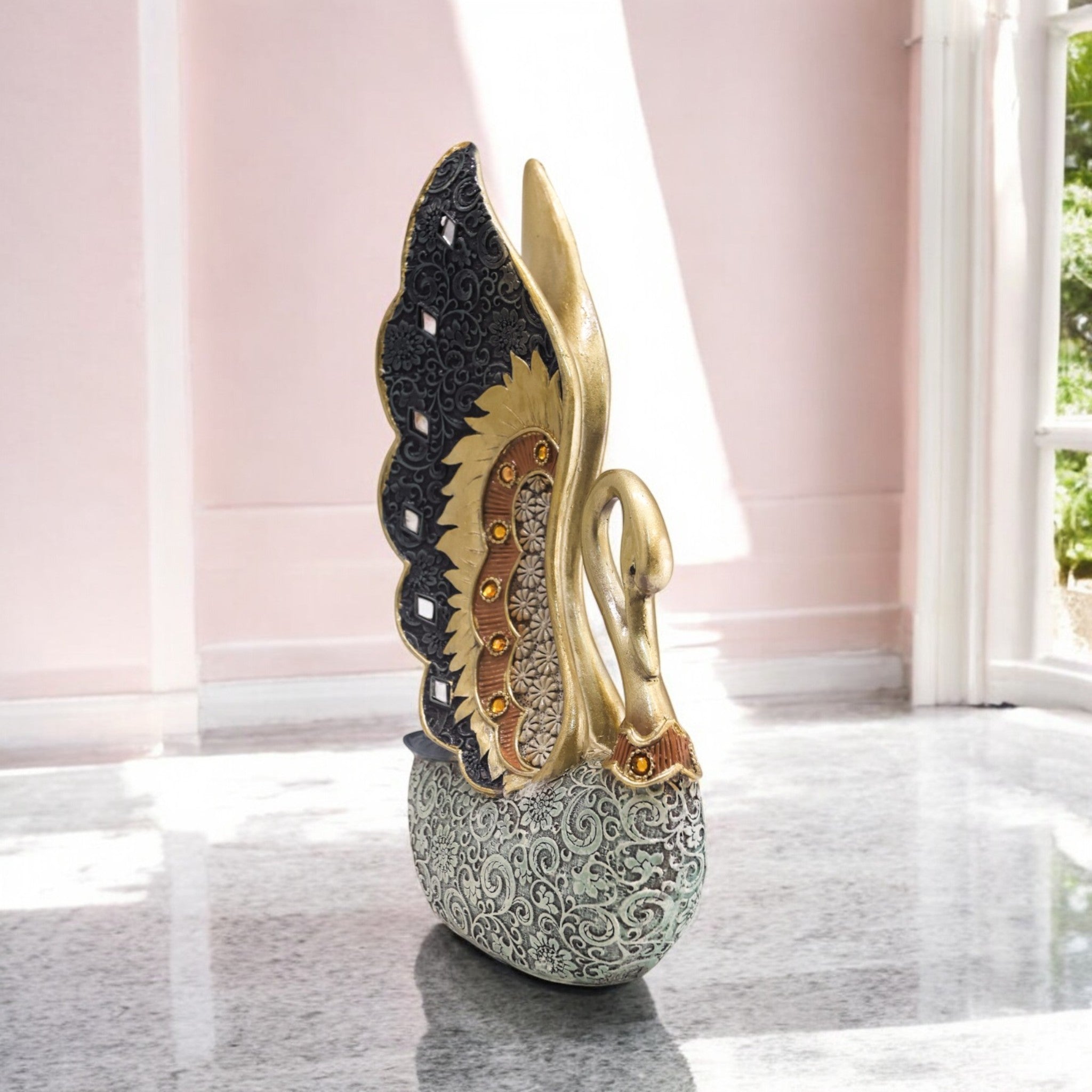 Luxurious Swan Sculpture | Gold Wing & Silver Body Art Statue | 27cm Premium Home Decor - Divine Dekor