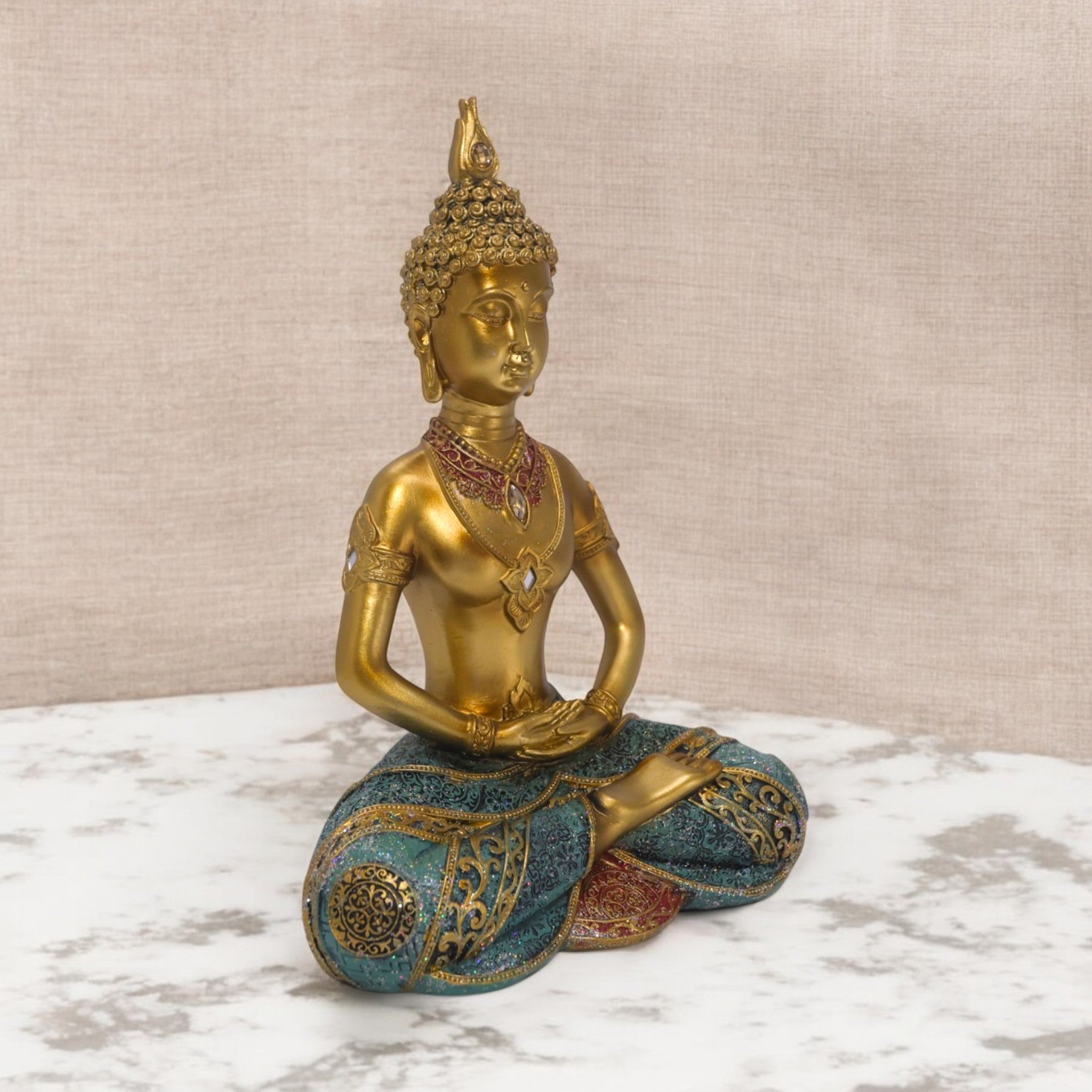 Meditation Buddha Sculpture | Golden & Turquoise Zen Art Statue | 29cm Spiritual Home Decor - Divine Dekor