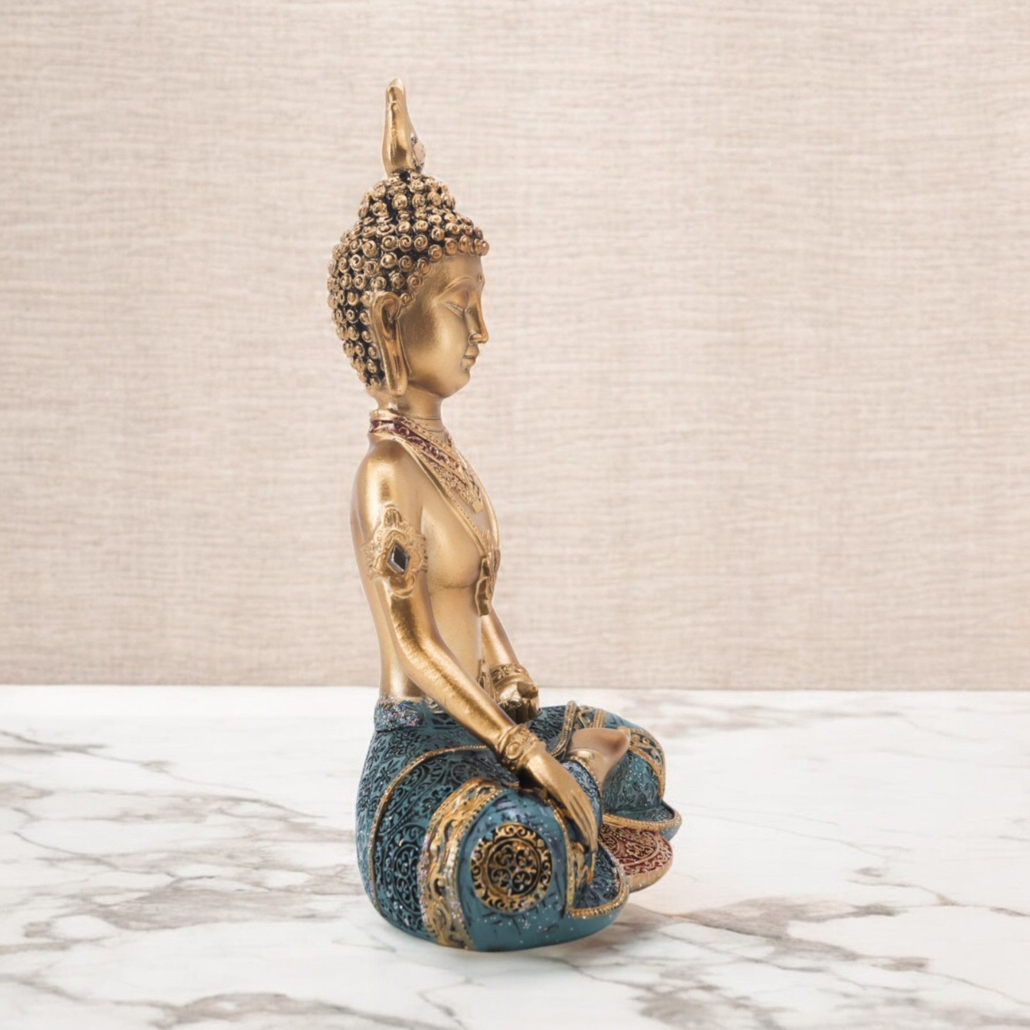 Divine Dekor’s Meditation Buddha Statue 34cm | Golden & Turquoise Zen Art | Large Spiritual Decor