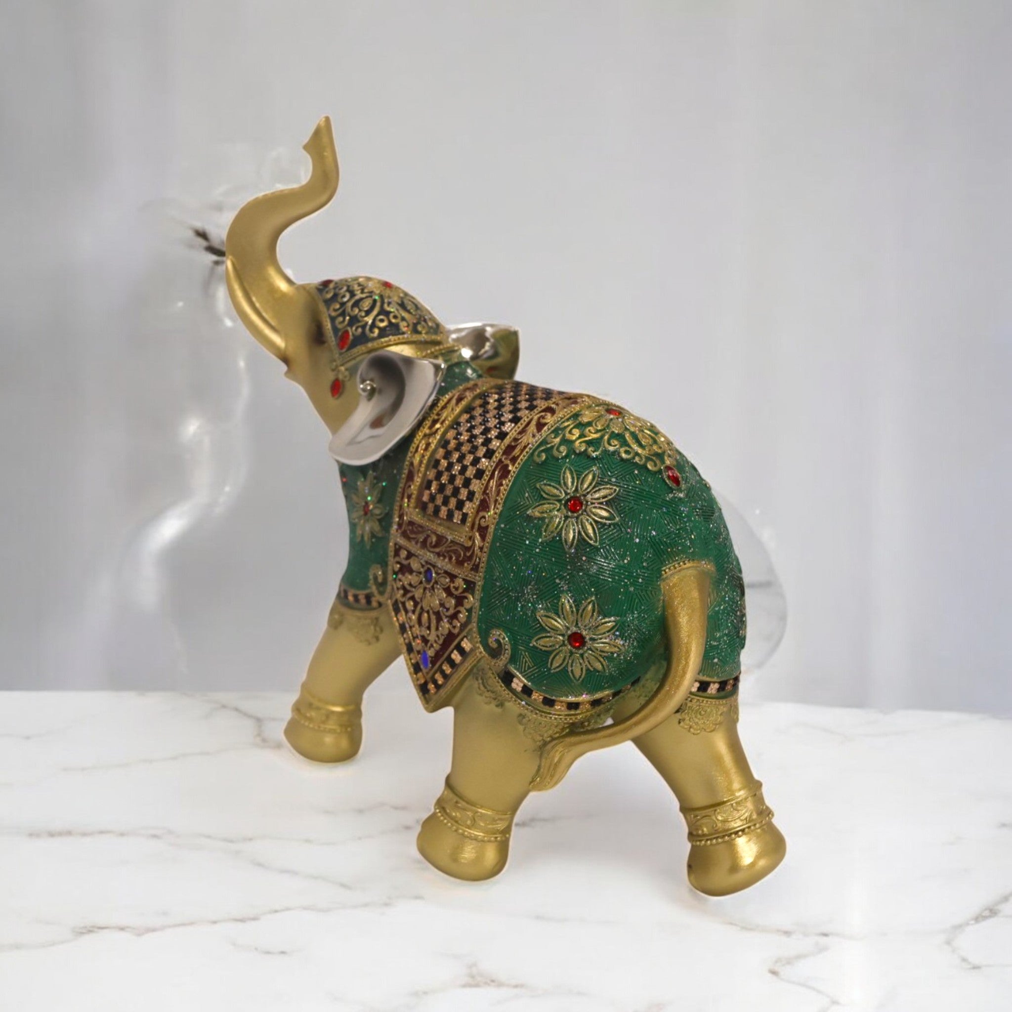 Divine Dekor Royal Elephant Statue - Large Emerald & Gold Luxury Home Decor