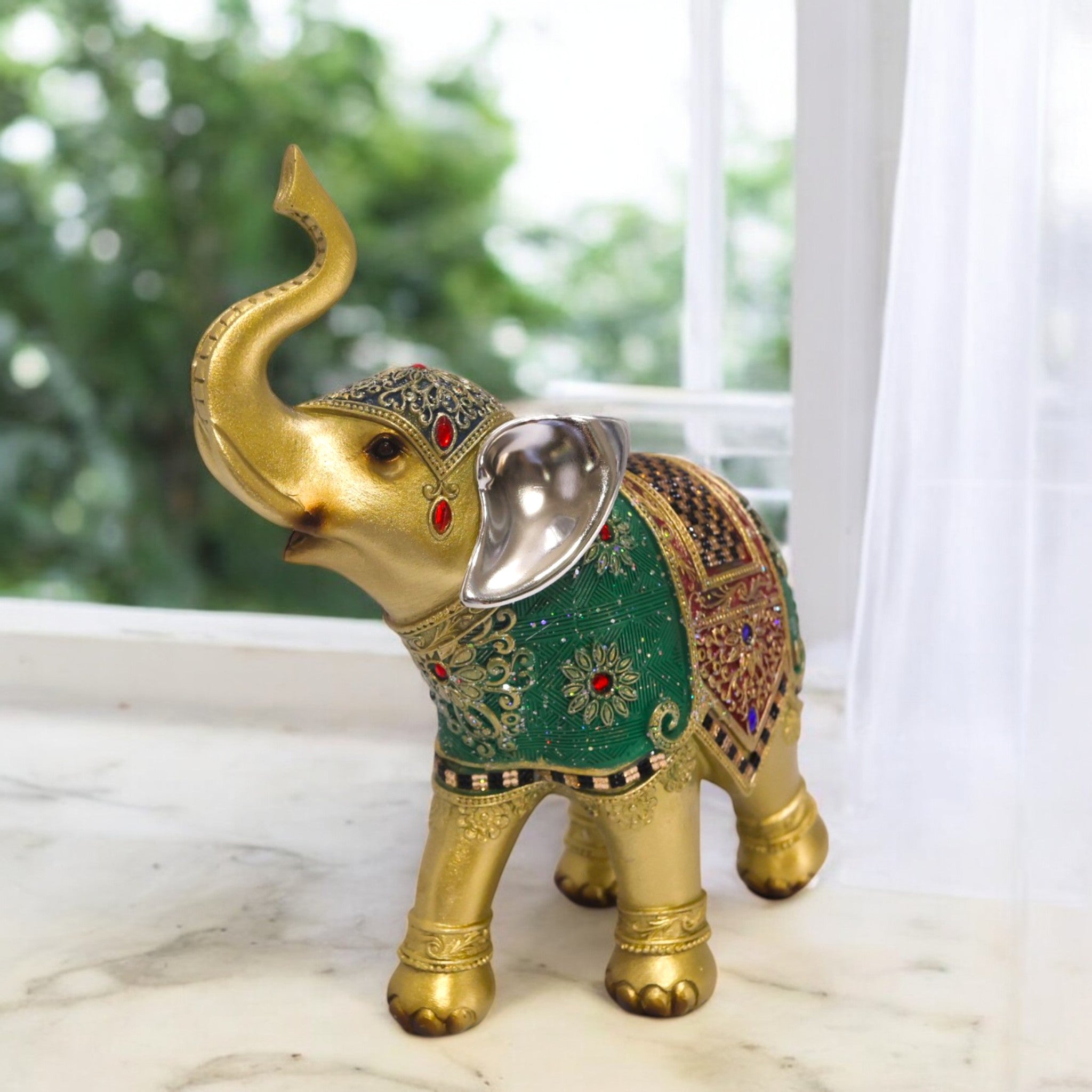 Divine Dekor Royal Elephant Statue - Emerald & Gold Prosperity Decor